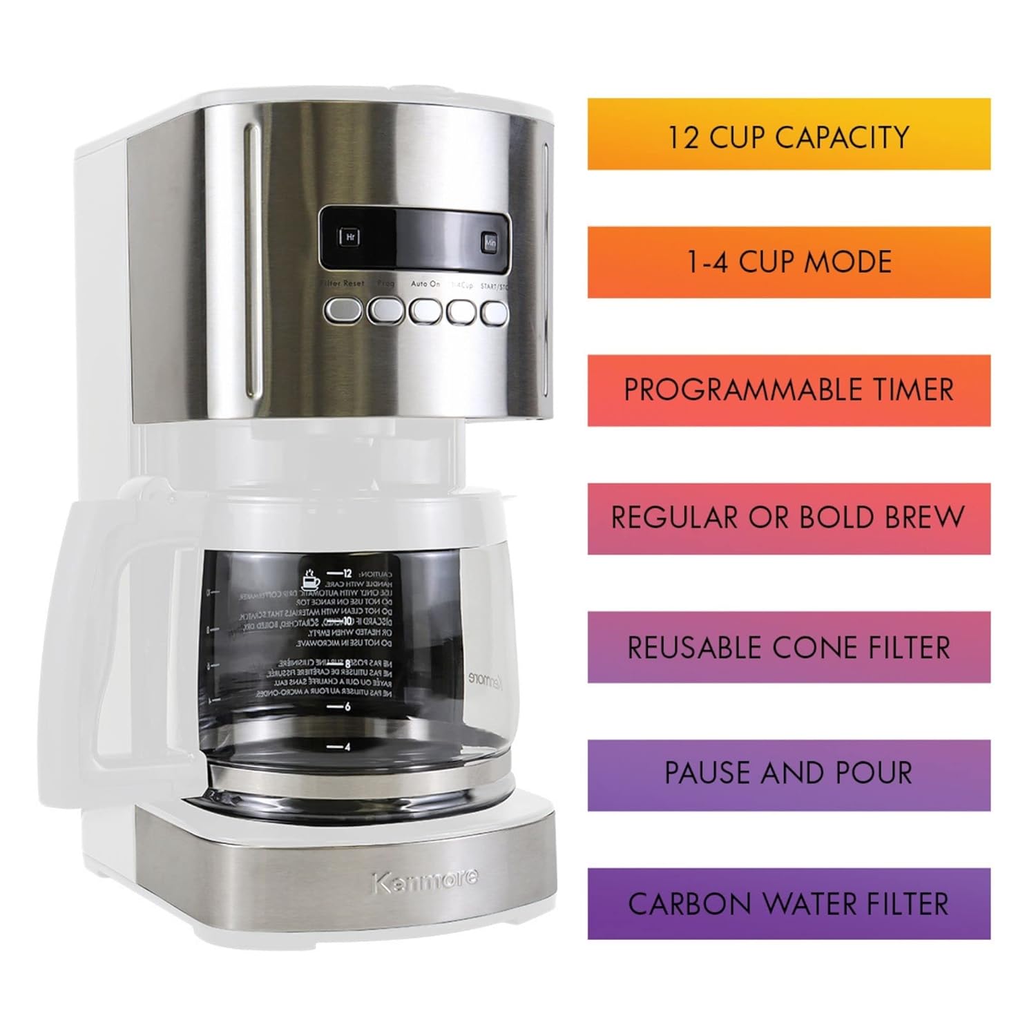 Kenmore Coffee Maker 12 cup Drip Coffee Machine Reusable Filter Programmable Timer Digital Display Aroma Control Glass Carafe Charcoal Water Filter Regular Bold Stainless Steel and white - Image 4