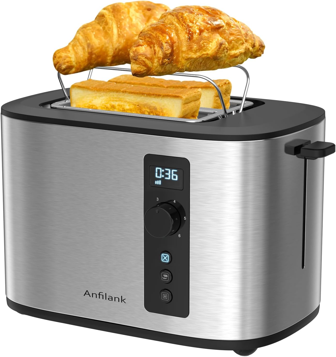 Extra Wide Slot 2-Slice Toaster with Digital Countdown Timer, Stainless Steel, 6 Browning Settings, Built-in Warming Rack, Cancel/Bagel/Defrost Functions - Image 2