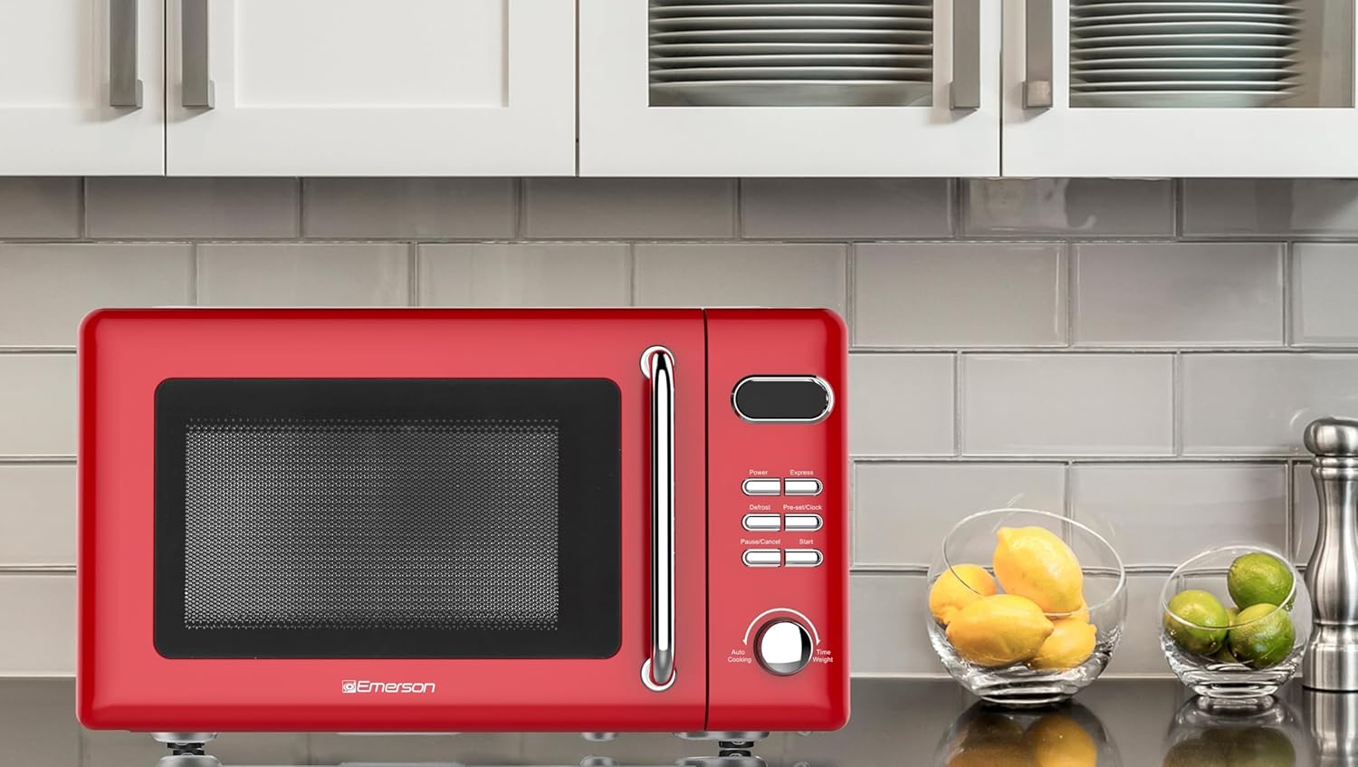 Emerson MWR7020RD Compact Countertop Microwave Oven with Button Control, LED Display, 700W 5 Power Levels, 8 Auto Menus, Glass Turntable and Child Safe Lock, 0.7, Retro Red - Image 4