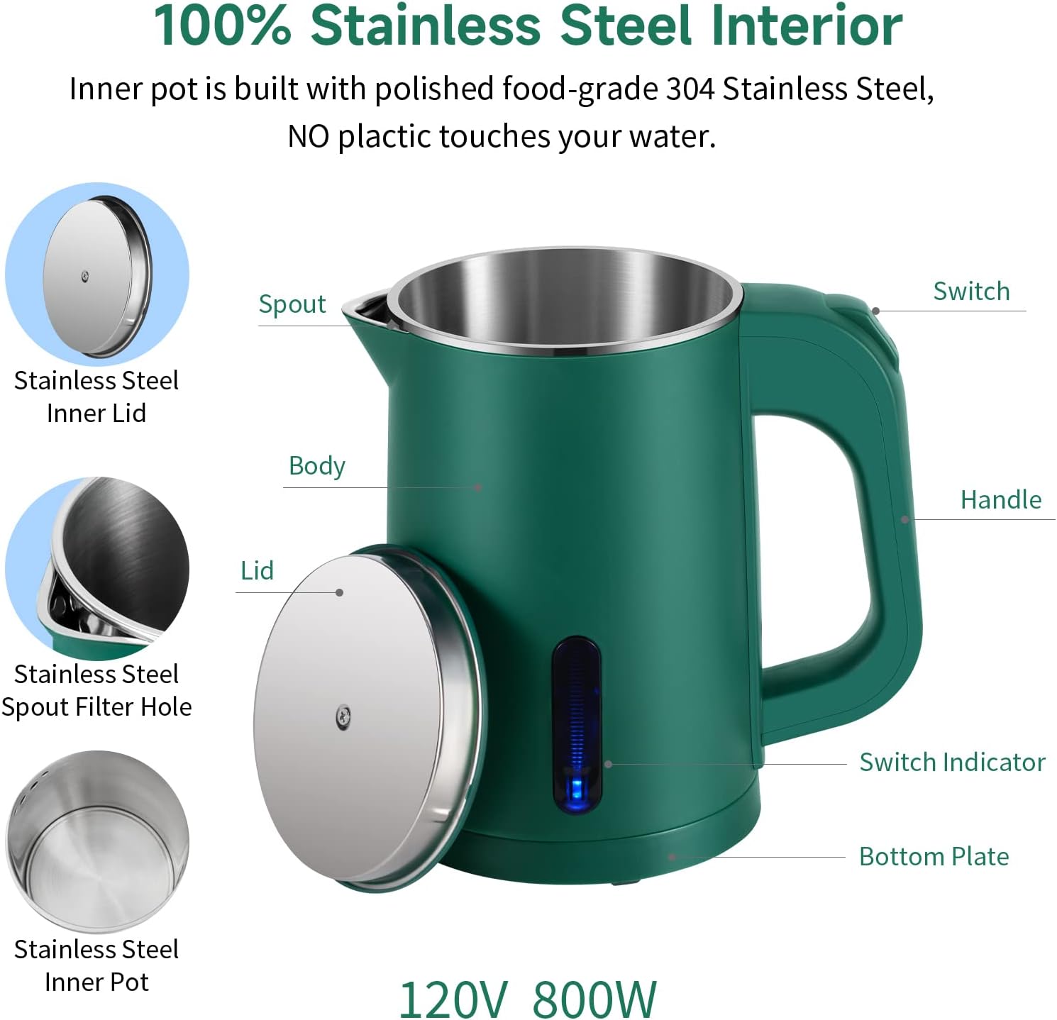 Small Electric Tea Kettle Stainless Steel, 0.8L Portable Mini Hot Water Boiler Heater, Travel Electric Coffee Kettle with Auto Shut-Off & Boil Dry Protection (Green) - Image 4