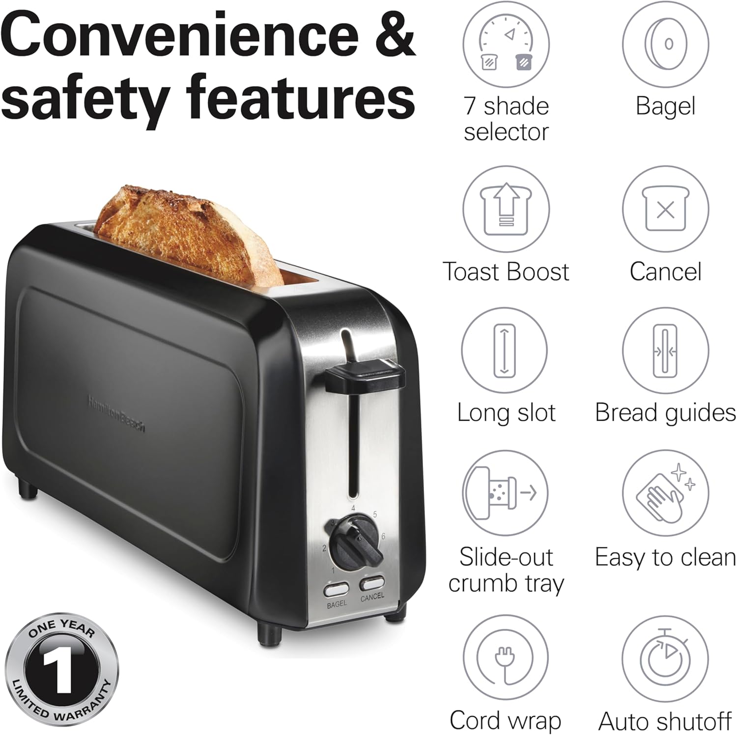 Hamilton Beach Extra Long Slot 2 Slice Toaster with Browning Control, Bagel Function, Cancel Button & Auto Shutoff, Modern Slim Design Fits Any Space, Black (22989) - Image 10