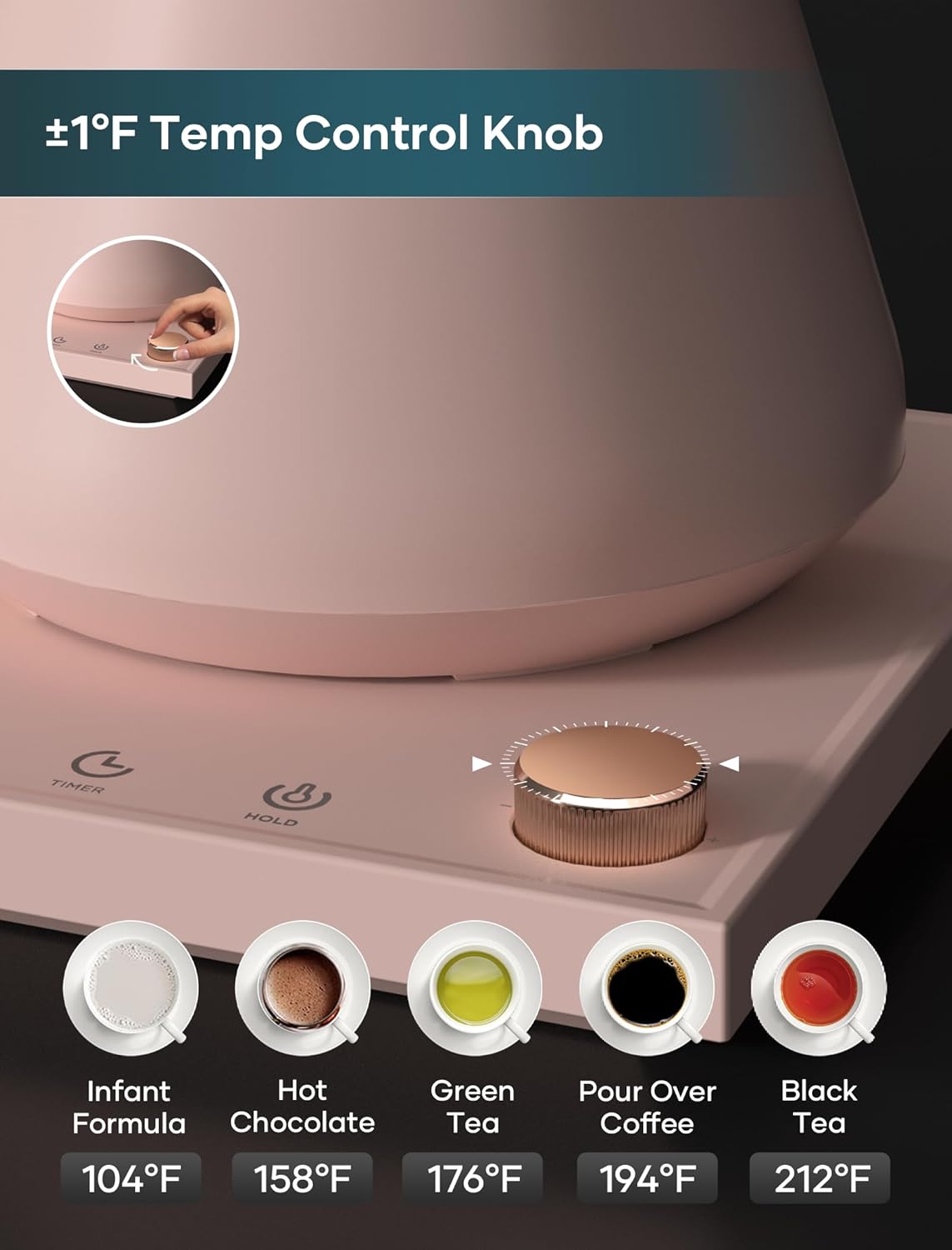 Electric Kettles, INTASTING Gooseneck Electric Kettle, ±1℉ Temperature Control, Stainless Steel Inner, Quick Heating, for Pour Over Coffee, Brew Tea, Boil Hot Water, 0.9L (Pink) - Image 5