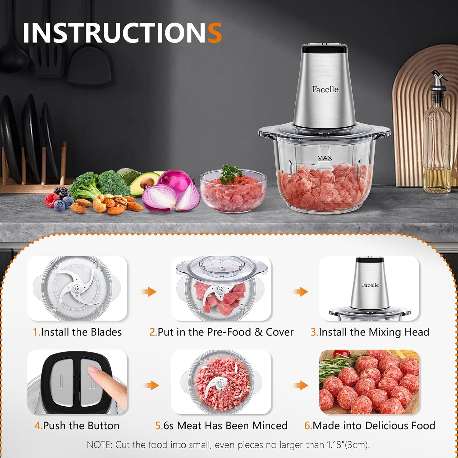 Food Processor, Facelle Meat Grinder 8-Cup Food Chopper Electric Vegetable Chopper 500W With 2L Glass Bowl & 4 Sharp Blades Meat/Vegetable/Fruit/Nut/Baby Food - Image 6