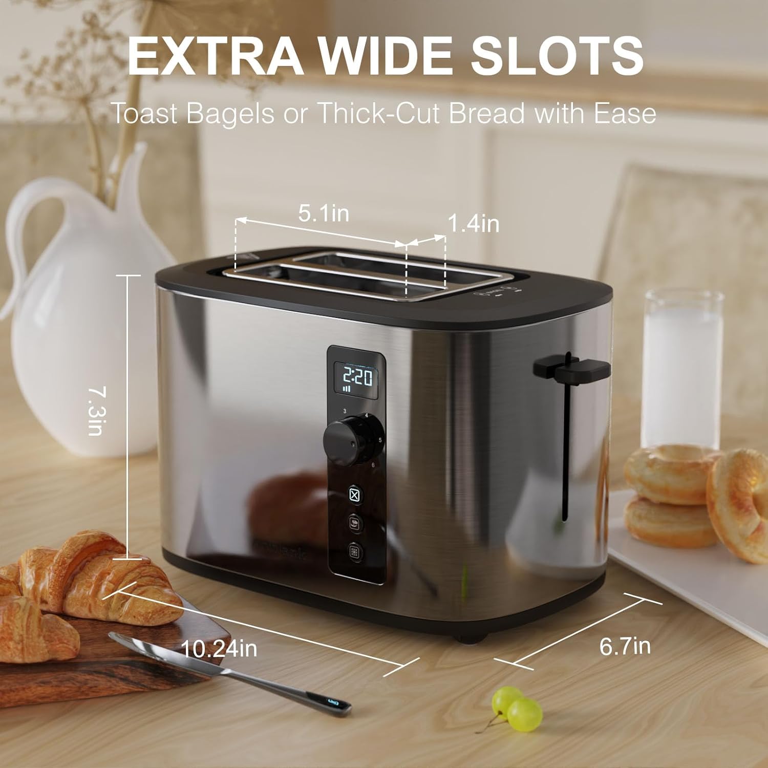 Extra Wide Slot 2-Slice Toaster with Digital Countdown Timer, Stainless Steel, 6 Browning Settings, Built-in Warming Rack, Cancel/Bagel/Defrost Functions - Image 3