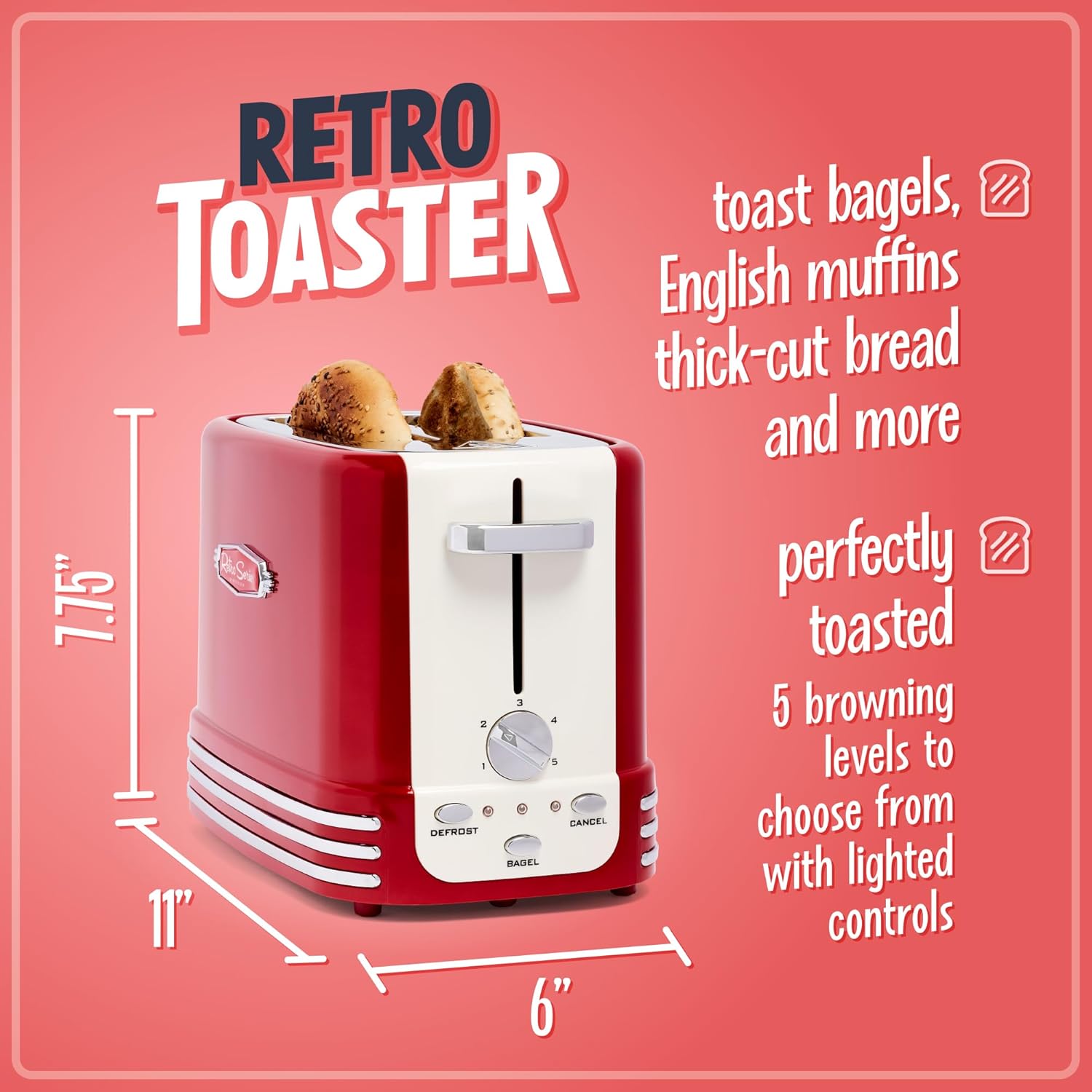 Nostalgia Retro Wide 2-Slice Toaster, Vintage Design With Crumb Tray, Cord Storage & 5 Toasting Levels, Red - Image 3