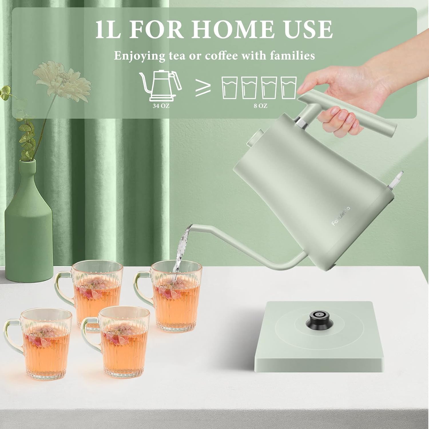 Gooseneck Electric Kettle Fabuletta 1500W Ultra Fast Boiling Water Kettle 100% Stainless Steel for Pour-over Coffee & Tea Leak-Proof Design French Press Boil-Dry Protection 1L - Image 5