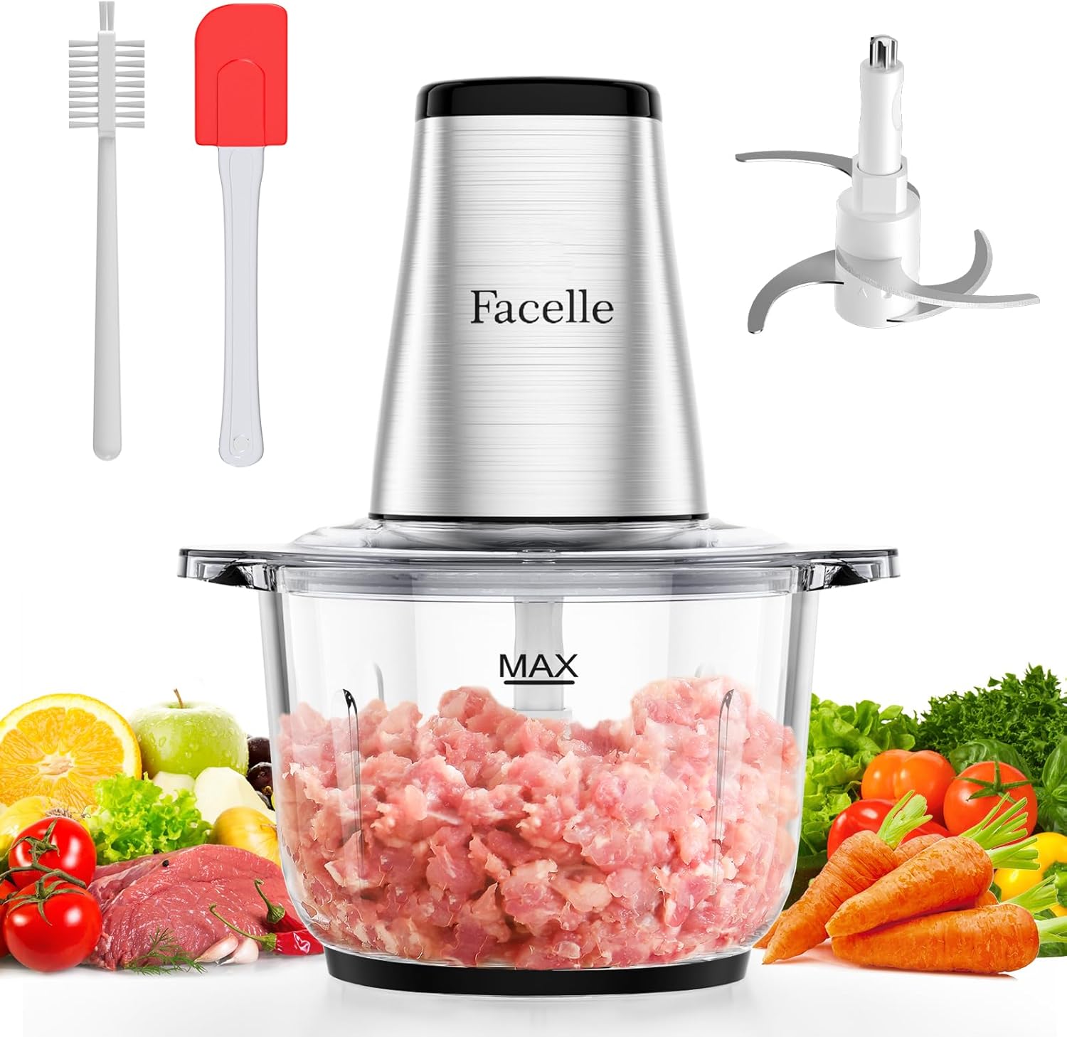 Food Processor, Facelle Meat Grinder 8-Cup Food Chopper Electric Vegetable Chopper 500W With 2L Glass Bowl & 4 Sharp Blades Meat/Vegetable/Fruit/Nut/Baby Food - Image 2