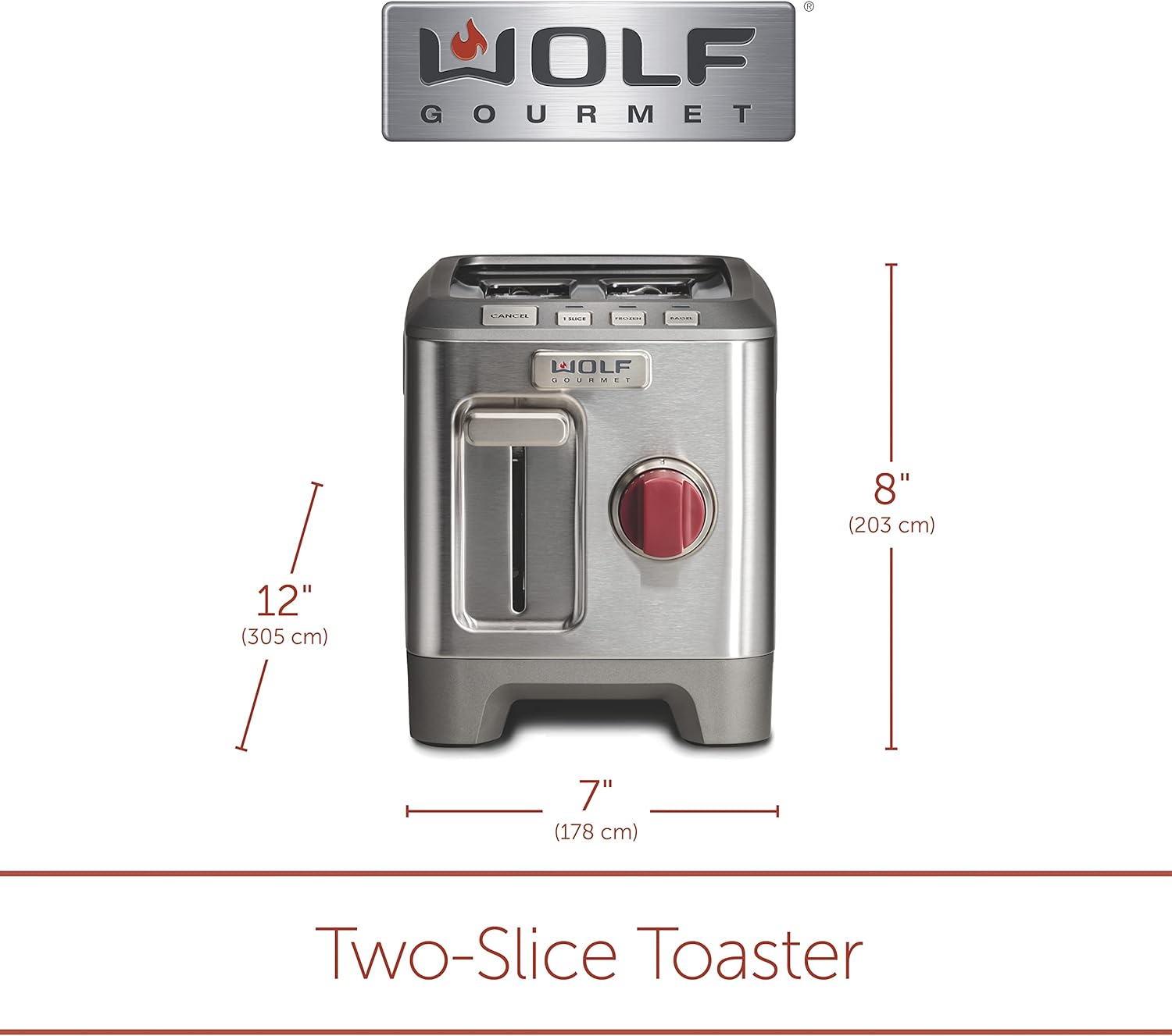 Wolf Gourmet 2-Slice Extra-Wide Slot Toaster with Shade Selector, Bagel and Defrost Settings, Red Knob, Stainless Steel (WGTR152S) - Image 8