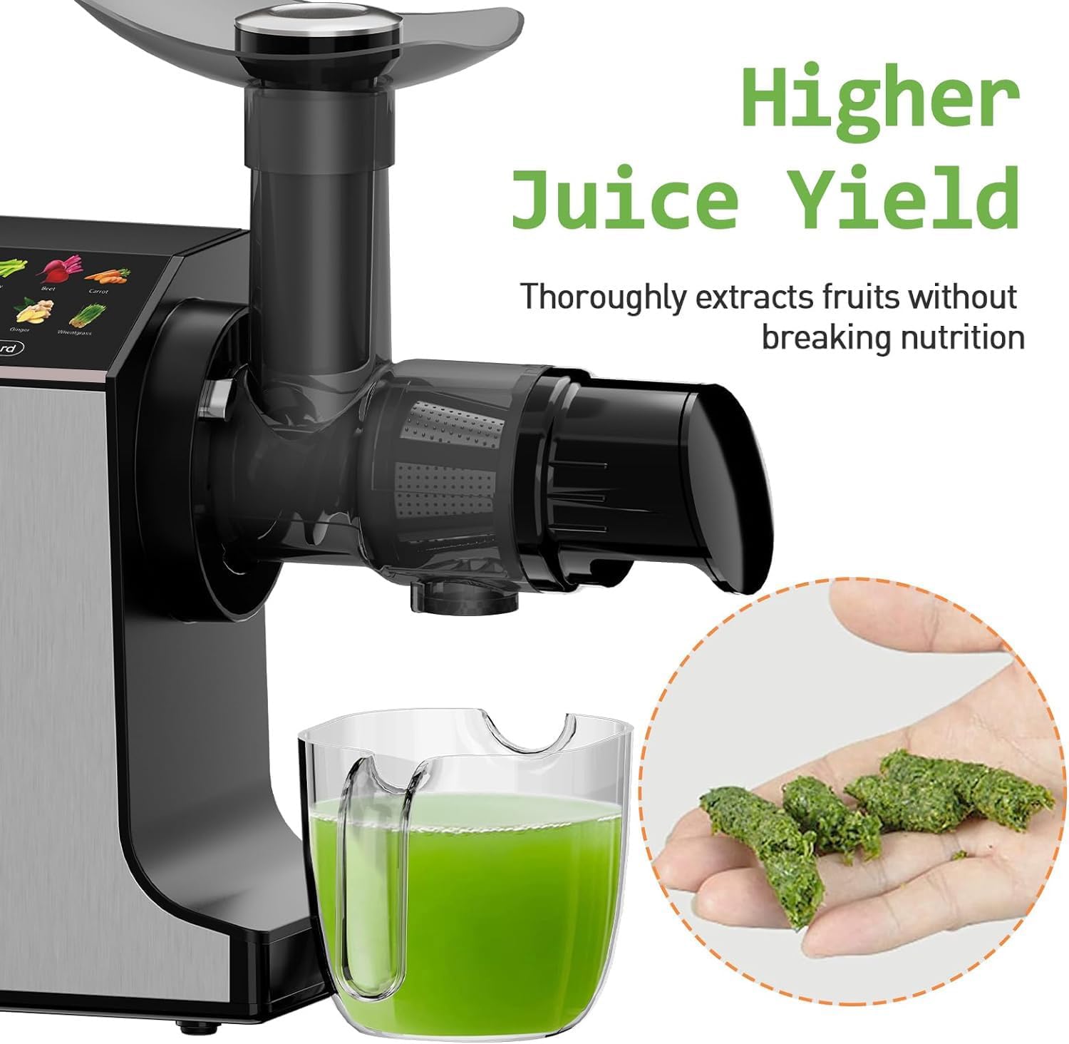 Masticating Juicer Machines, Cold Press Juicer, Easy to Clean with Brush, Touch Screen Stainless Juicer Machines for Vegetable & Fruit, Juice Maker with Quiet Motor & 2 Speed Modes, Silver - Image 4
