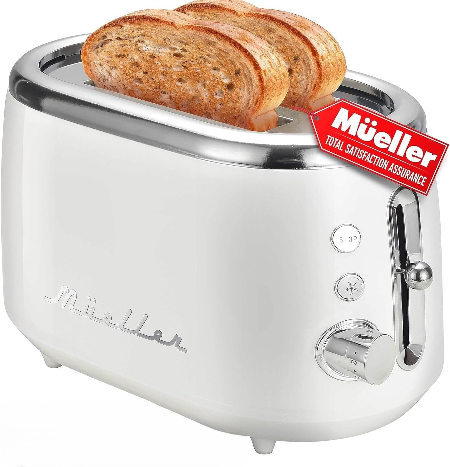 Mueller Retro Toaster 2 Slice with 7 Browning Levels and 3 Functions: Reheat, Defrost & Cancel, Stainless Steel Features, Removable Crumb Tray, Under Base Cord Storage, White - Image 2
