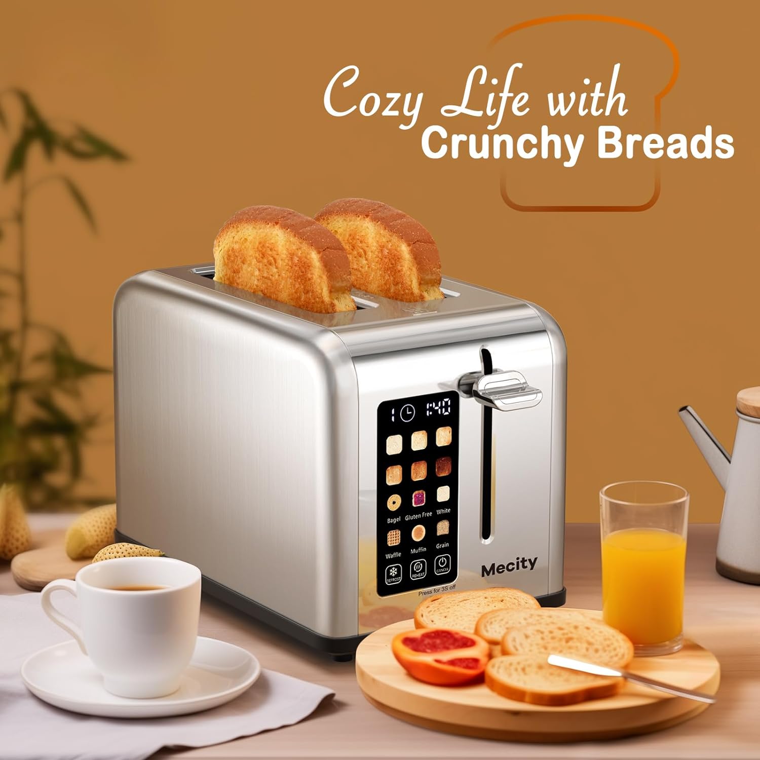 Mecity 2 Slice Toaster Touch Screen 1.5" Wide Slot, Stainless Steel Smart Bread Toaster for Bagel Muffin Waffle Gluten Free Breads, Timer, Defrost, Reheat, 120V 825W - Image 8