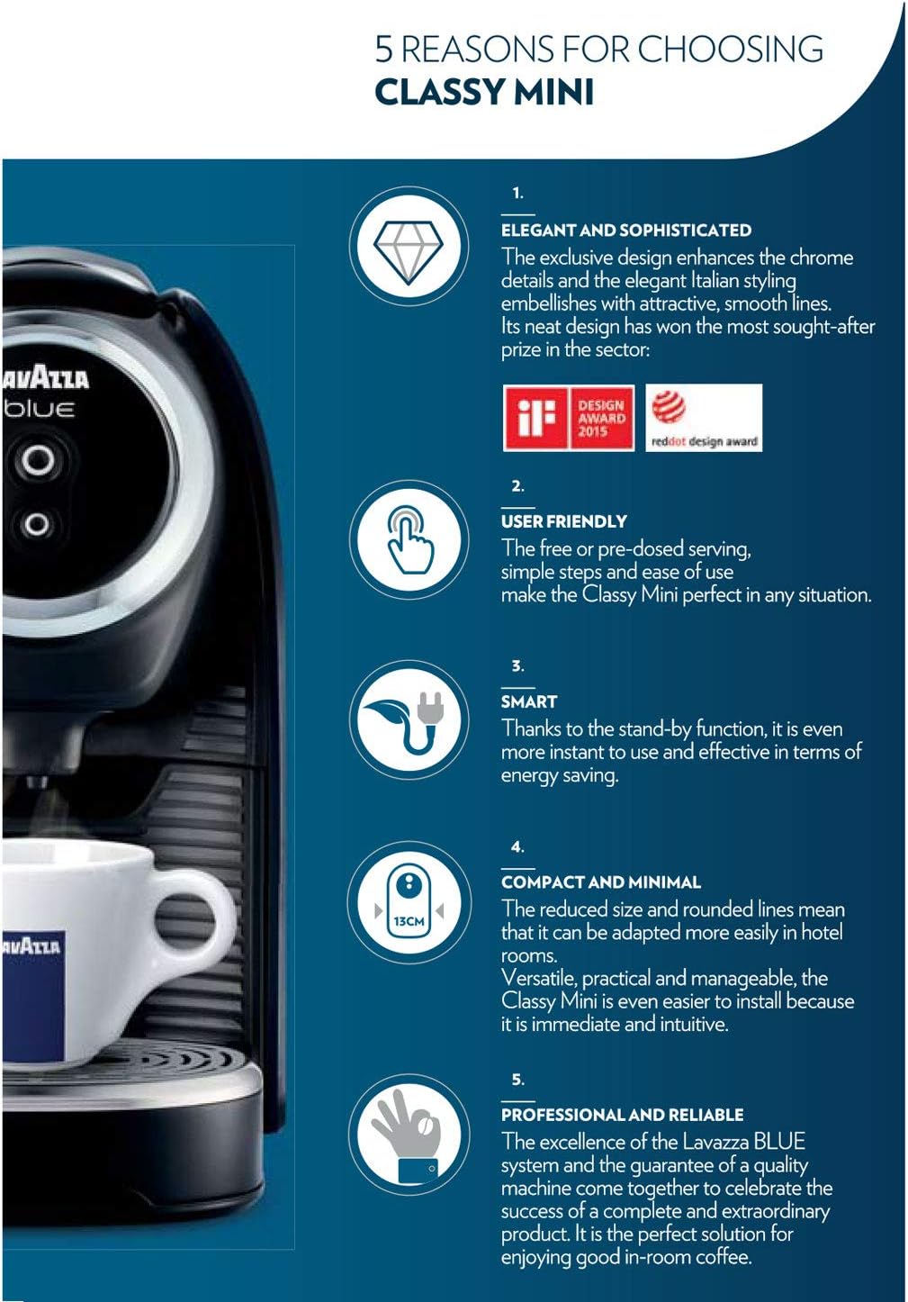 Lavazza BLUE Classy Mini Single Serve Espresso Coffee Machine LB 300, 5.3" x 13" x 10.2" 2 Coffee selections: simple touch controls, 1 programmable free dose and 1 pre-set - Image 8