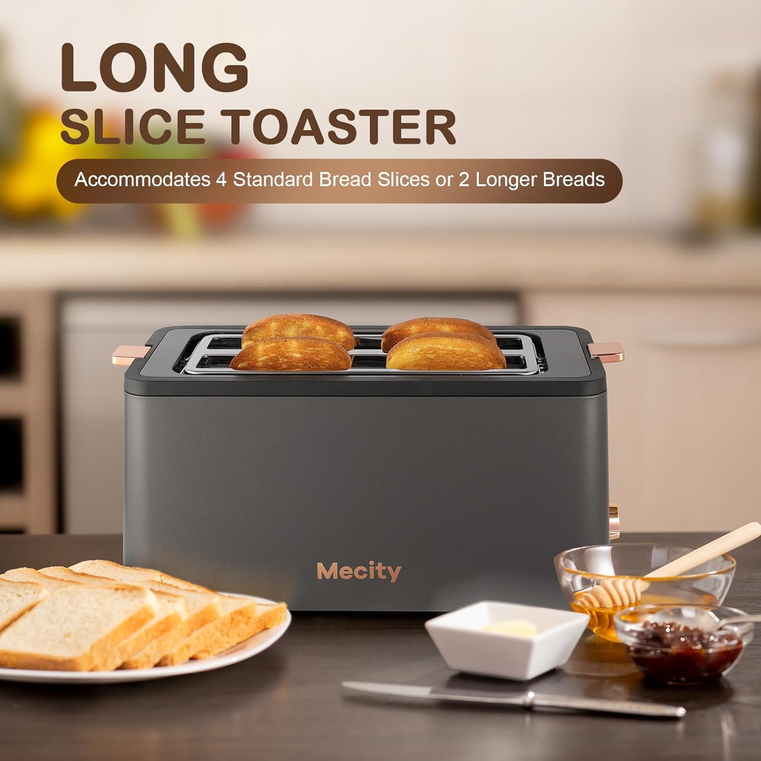 Mecity 4 Slice Toaster, Long Slot Toaster With Warming Rack, Bagel/Defrost/Reheat Functions,Warming Rack, Crumb Tray, 6 Browning Settings, Extra Wide Long Slots, Stainless Steel, 1300W,Grey - Image 3