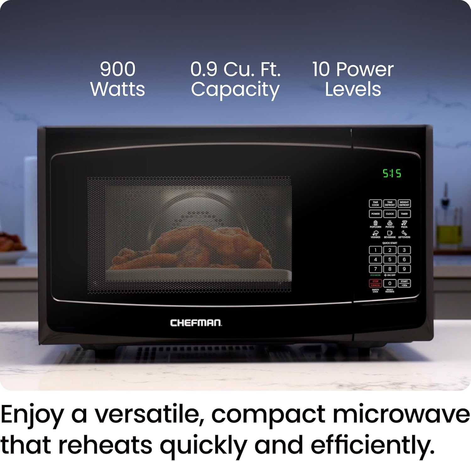 Chefman Countertop Microwave Oven 0.9 Cu. Ft. with Digital Display, 900 Watts, 6 Auto Menus, 10 Power Levels, Eco Mode, Memory Function, Mute Option, Child Safety Lock, Easy Clean - Image 3