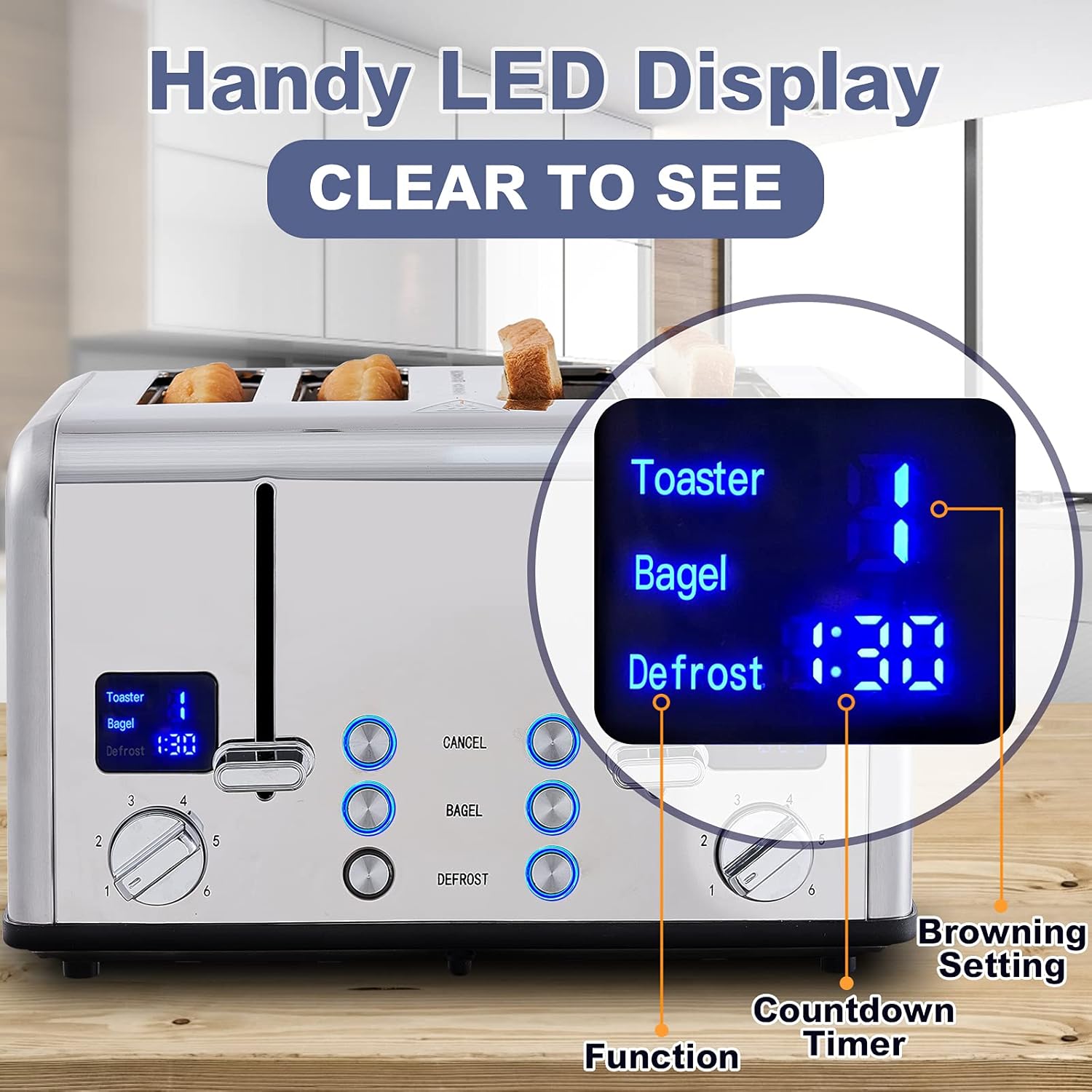 CUSIMAX 4 Slice Toaster, Ultra-Clear LED Display & Extra Wide Slots, Dual Control Panels of 6 Shade Settings, Cancel/Bagel/Defrost Function, Removable Crumb Trays, Stainless Steel Toaster - Image 5
