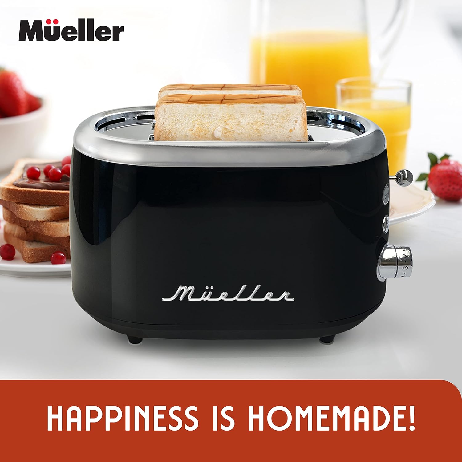MÜELLERHOME Retro Toaster 2 Slice, 7 Browning Levels, 3 Functions (Reheat, Defrost, Cancel), Stainless Steel Features, Removable Crumb Tray, Under Base Cord Storage, Black - Image 9