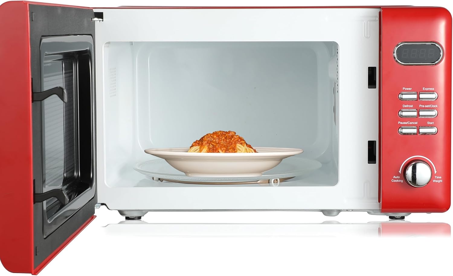 Emerson MWR7020RD Compact Countertop Microwave Oven with Button Control, LED Display, 700W 5 Power Levels, 8 Auto Menus, Glass Turntable and Child Safe Lock, 0.7, Retro Red - Image 8