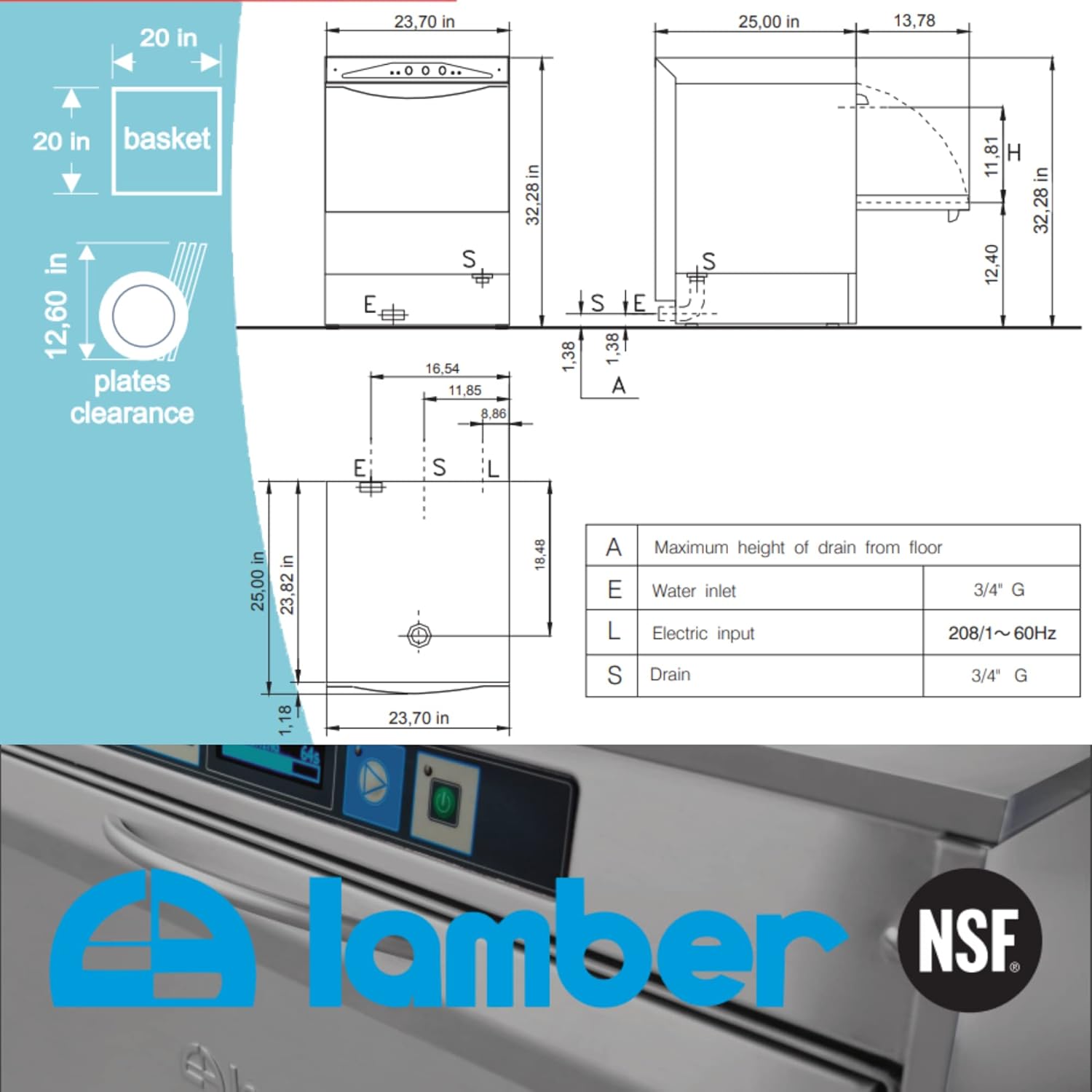 Eurodib DSP4DPS Lamber Deluxe High-Temp Rack Undercounter Dishwasher, 30 Racks/hr, Stainless Steel, 208-240v, Silver - Image 4