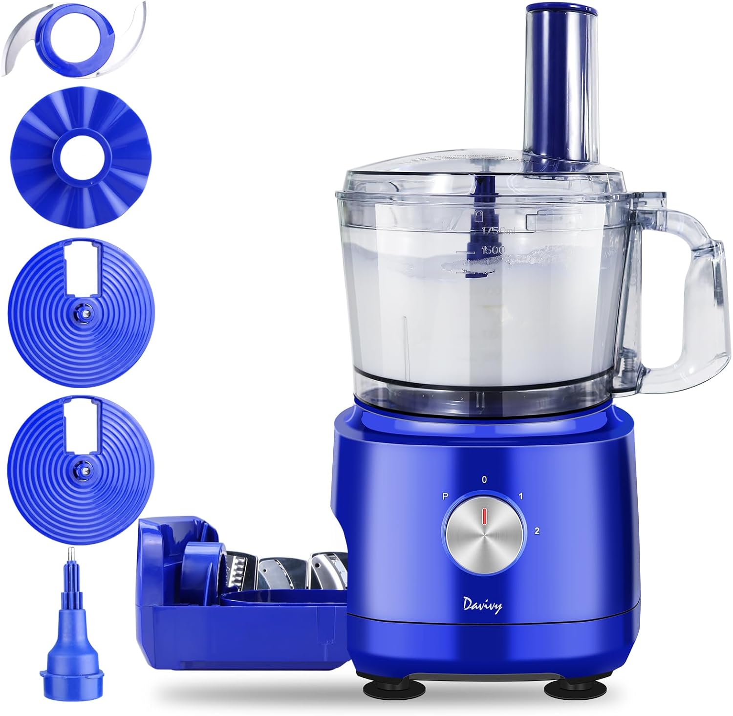 Davivy Food Processor 7 Cup,Built-in Storage Drawer Small Food Processor with 10 set blades,French fry cutting,Wavy slicing for Home Use,3-Speed, Blue,600W - Image 2
