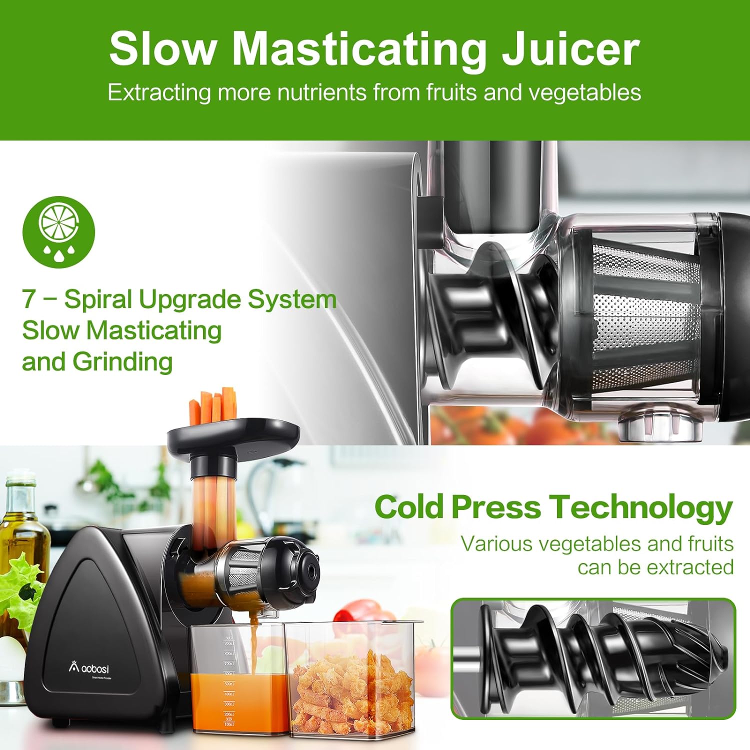 Juicer Machine, Aobosi Slow Masticating Juicer, Cold Press Juicer Machines with Reverse Function, Quiet Motor, High Juice Yield with Juice Jug & Brush for Cleaning (Matte Black) - Image 4