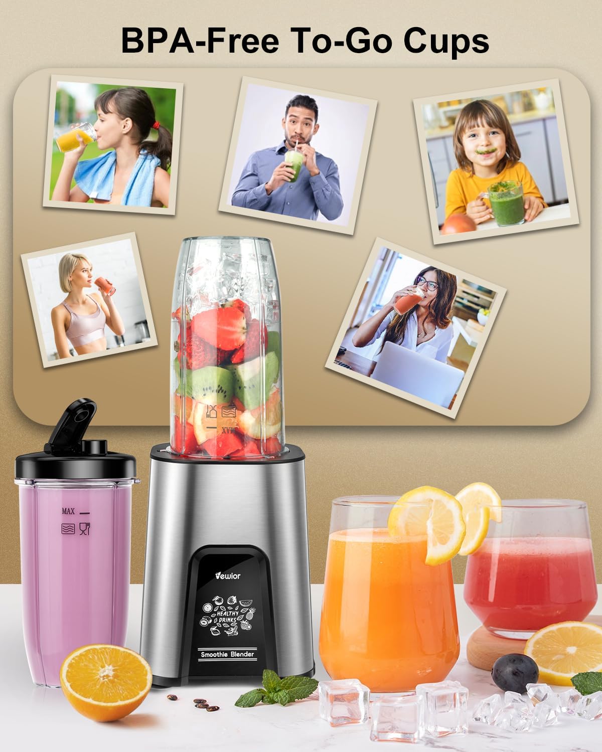 VEWIOR Smoothie Blender, 900W Personal Blender for Shakes and Smoothies, Blenders for Kitchen, Smoothie Juice Mixer with 2 * 22Oz BPA-Free To-Go Cups - Image 7