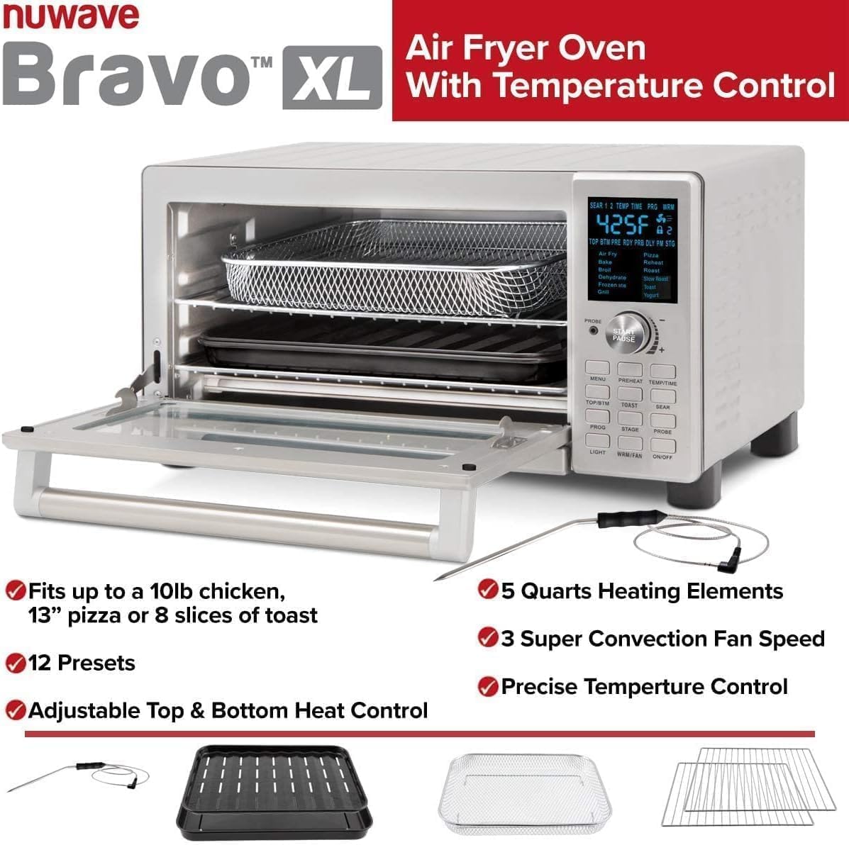 Nuwave Bravo Air Fryer Toaster Smart Oven, 12-in-1 Countertop Convection, 30-QT XL Capacity, 50°-500°F Temperature Controls, Top and Bottom Heater Adjustments 0%-100%, Brushed Stainless Steel Look - Image 7