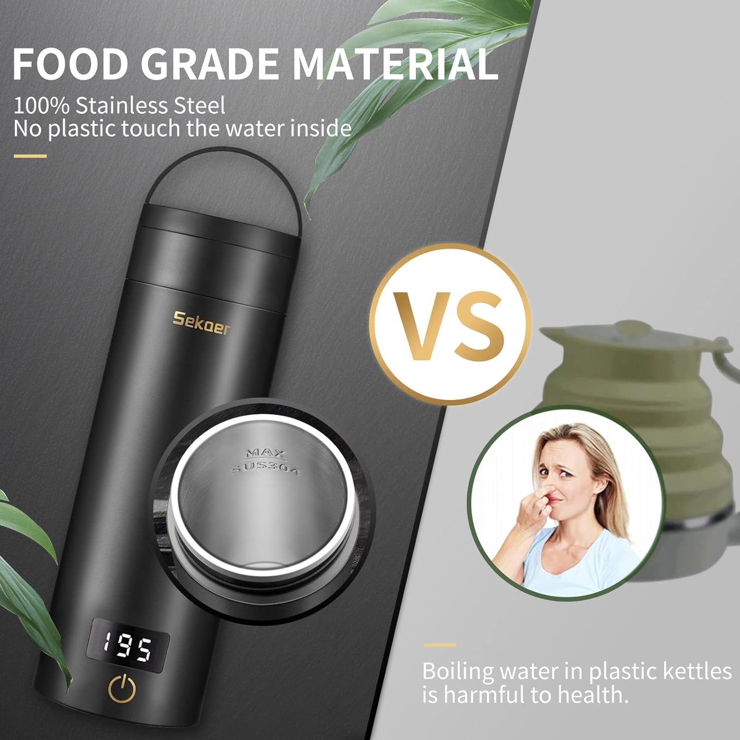 Sekaer Travel Electric Tea Kettle Portable Small Mini Coffee Kettle, with 4 Variable Presets, Personal Hot Water Boiler 304 Stainless Steel with Auto Shut-Off & Boil Dry Protection, SY-618B - Image 5