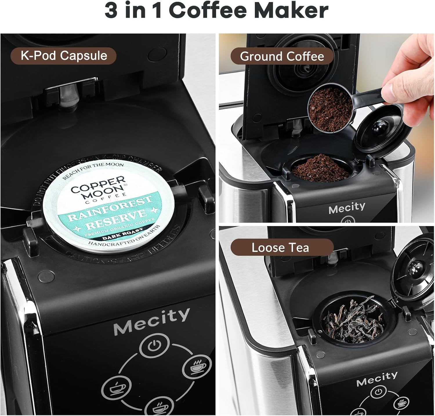 Mecity Coffee Maker 3 in 1 Single Serve Coffee Machine, Compatible with K cup Capsules, Instant Coffee Pot, Tea maker, 6,8,10 Oz Cup, Removable 50 Oz Water Reservoir, 120V 1150W - Image 4