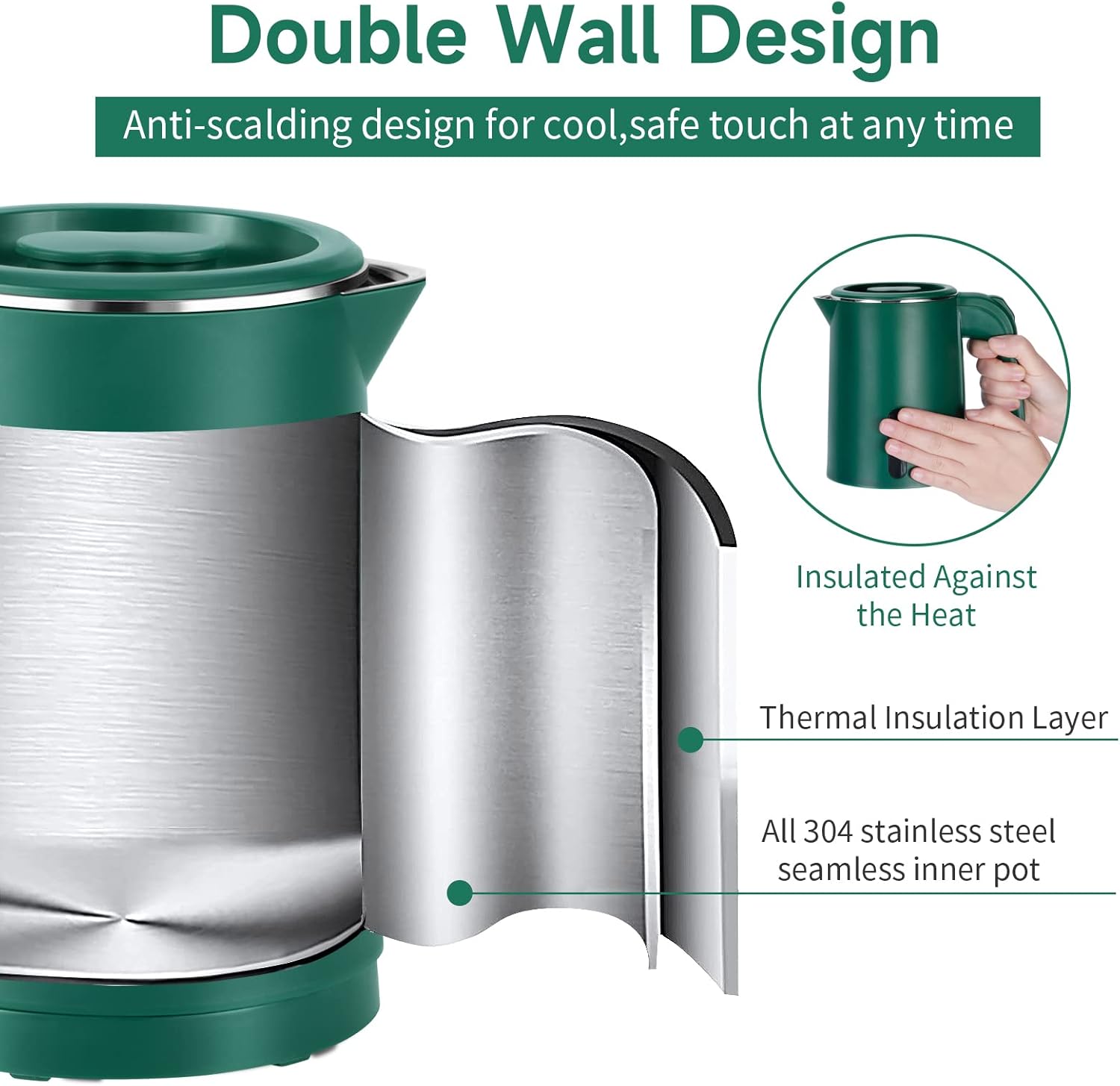 Small Electric Tea Kettle Stainless Steel, 0.8L Portable Mini Hot Water Boiler Heater, Travel Electric Coffee Kettle with Auto Shut-Off & Boil Dry Protection (Green) - Image 7
