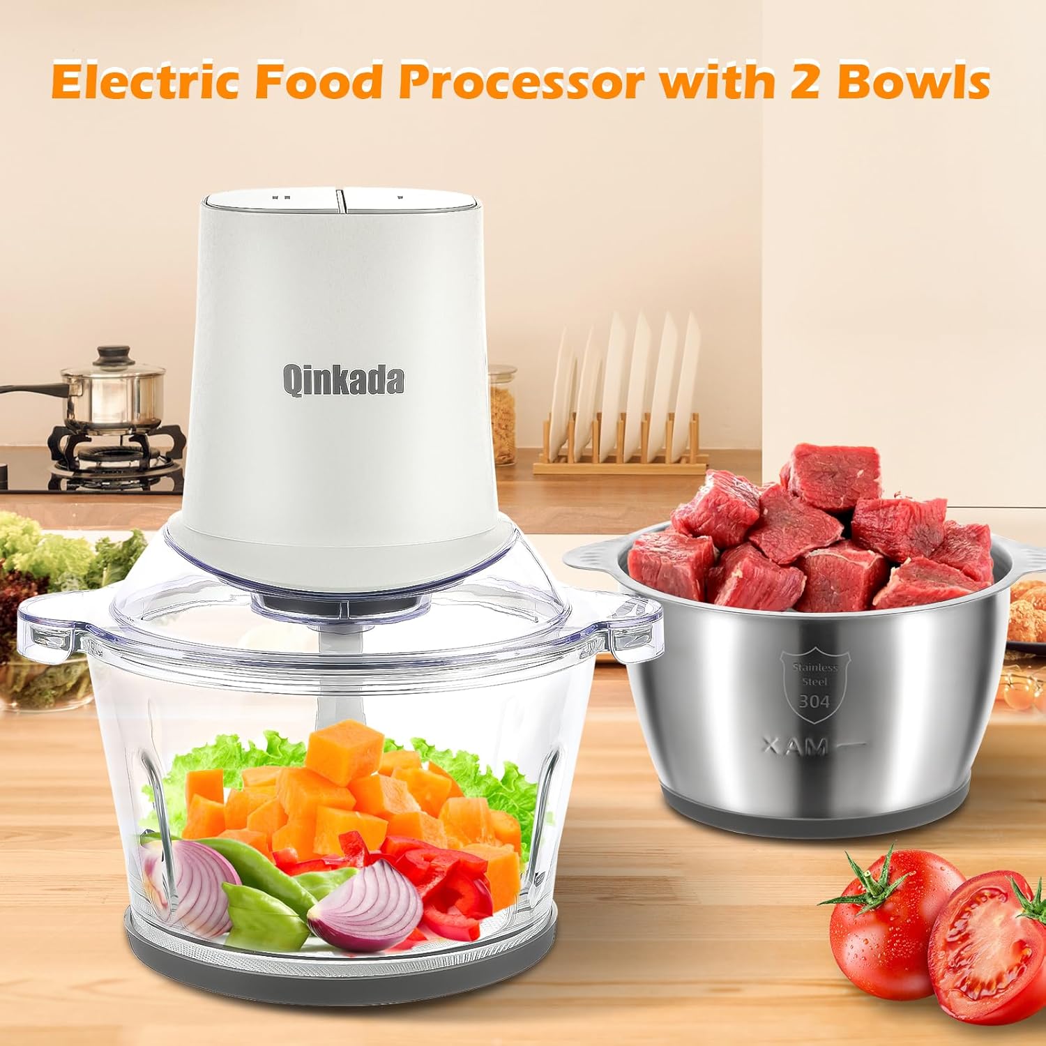 Food Processors with 2 Bowls, 400W Meat Grinder, Food Chopper Electric, 2 Speed, 8Cup Glass and 8Cup 304 Stainless Steel, 2 Blades, Spatula (White) - Image 7