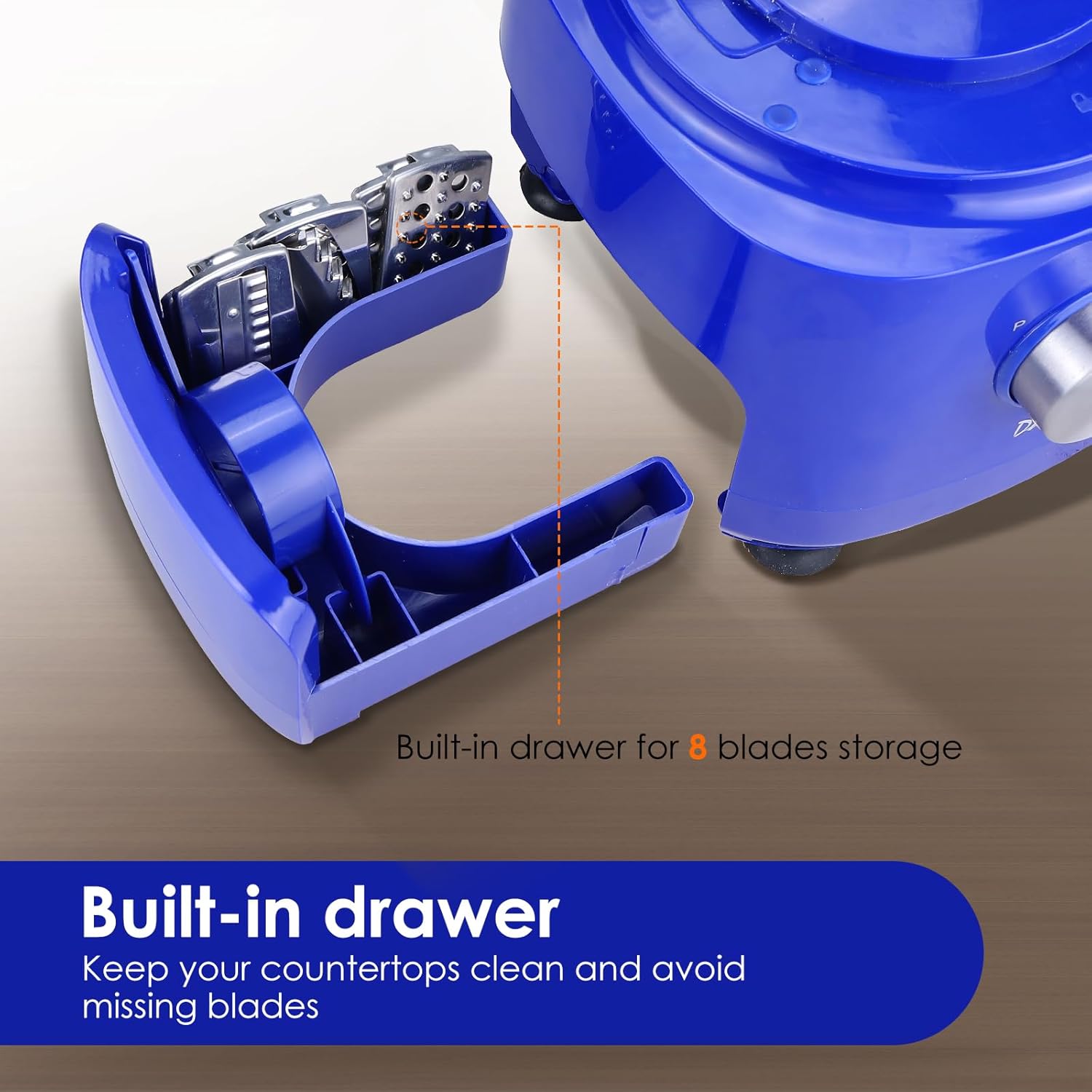 Davivy Food Processor 7 Cup,Built-in Storage Drawer Small Food Processor with 10 set blades,French fry cutting,Wavy slicing for Home Use,3-Speed, Blue,600W - Image 6