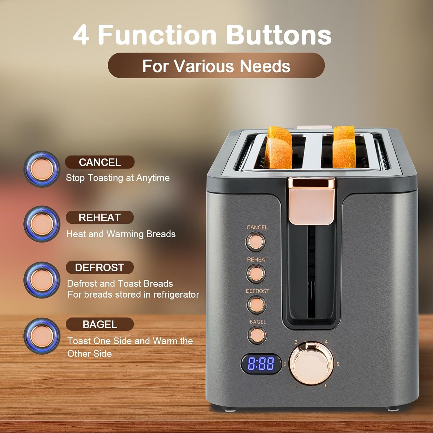 Mecity 4 Slice Toaster, Long Slot Toaster With Warming Rack, Bagel/Defrost/Reheat Functions,Warming Rack, Crumb Tray, 6 Browning Settings, Extra Wide Long Slots, Stainless Steel, 1300W,Grey - Image 6