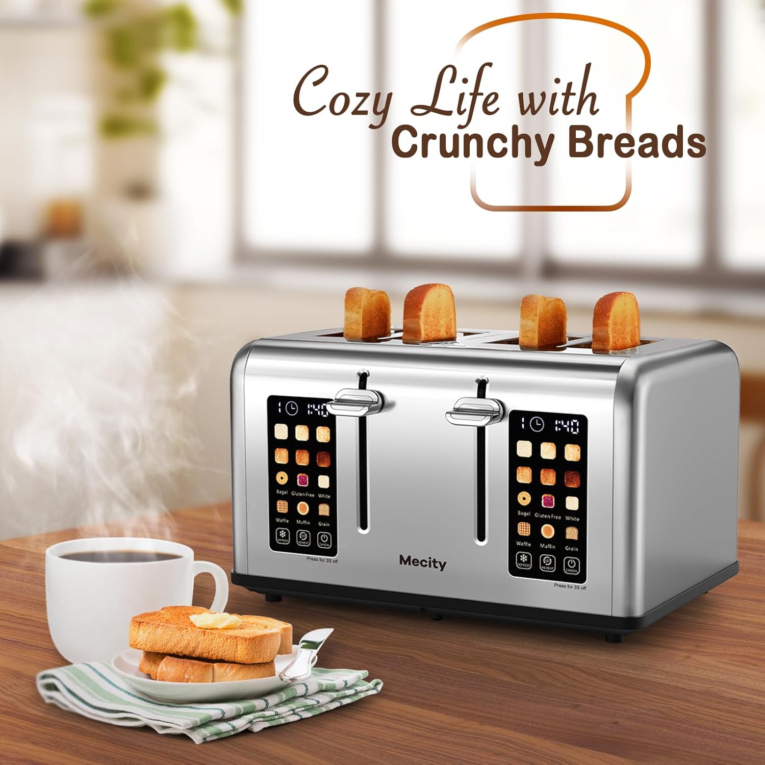 Mecity 4 Slice Toaster Touch Screen Control 4 Wide Slot, Stainless Steel Smart Bread Toaster for Bagel Muffin Waffle, Dual Control Pannel, Timer, Defrost, Reheat, 120V 1650W - Image 8