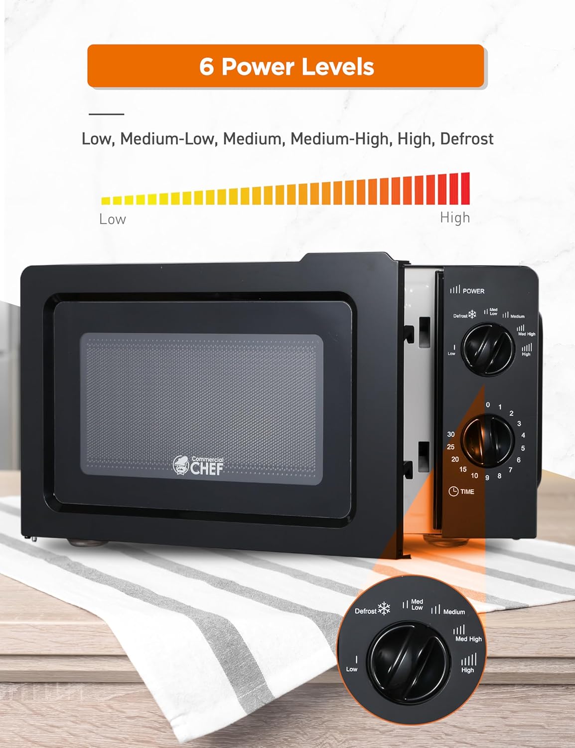 COMMERCIAL CHEF 0.6 Cubic Foot Microwave with 6 Power Levels, Small Microwave with Grip Handle, 700W Countertop Microwave with 30 Minute Timer and Mechanical Dial Controls, Black - Image 4