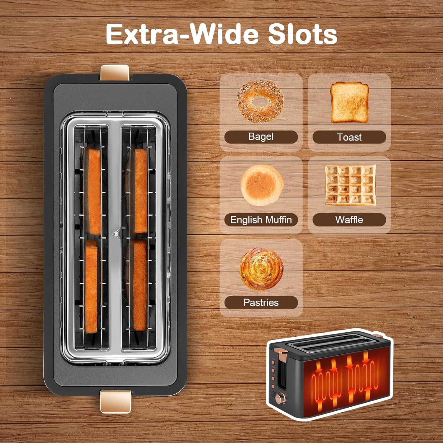 Mecity 4 Slice Toaster, Long Slot Toaster With Warming Rack, Bagel/Defrost/Reheat Functions,Warming Rack, Crumb Tray, 6 Browning Settings, Extra Wide Long Slots, Stainless Steel, 1300W,Grey - Image 5