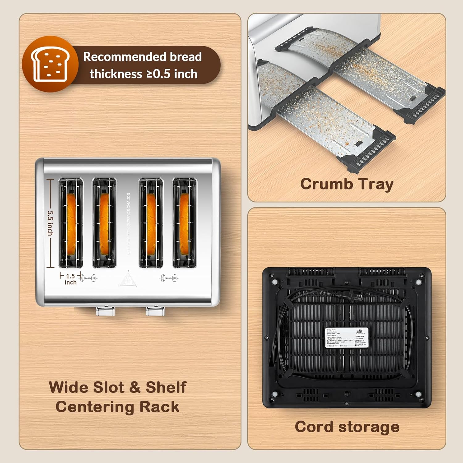 Mecity 4 Slice Toaster Touch Screen Control 4 Wide Slot, Stainless Steel Smart Bread Toaster for Bagel Muffin Waffle, Dual Control Pannel, Timer, Defrost, Reheat, 120V 1650W - Image 5