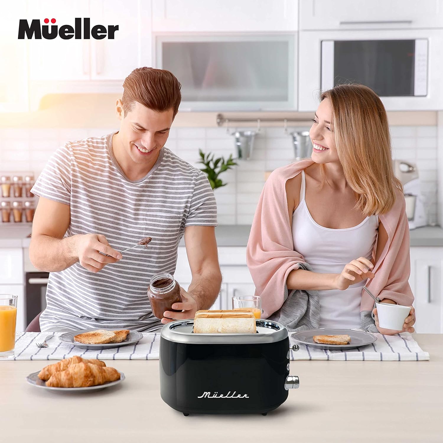 MÜELLERHOME Retro Toaster 2 Slice, 7 Browning Levels, 3 Functions (Reheat, Defrost, Cancel), Stainless Steel Features, Removable Crumb Tray, Under Base Cord Storage, Black - Image 8