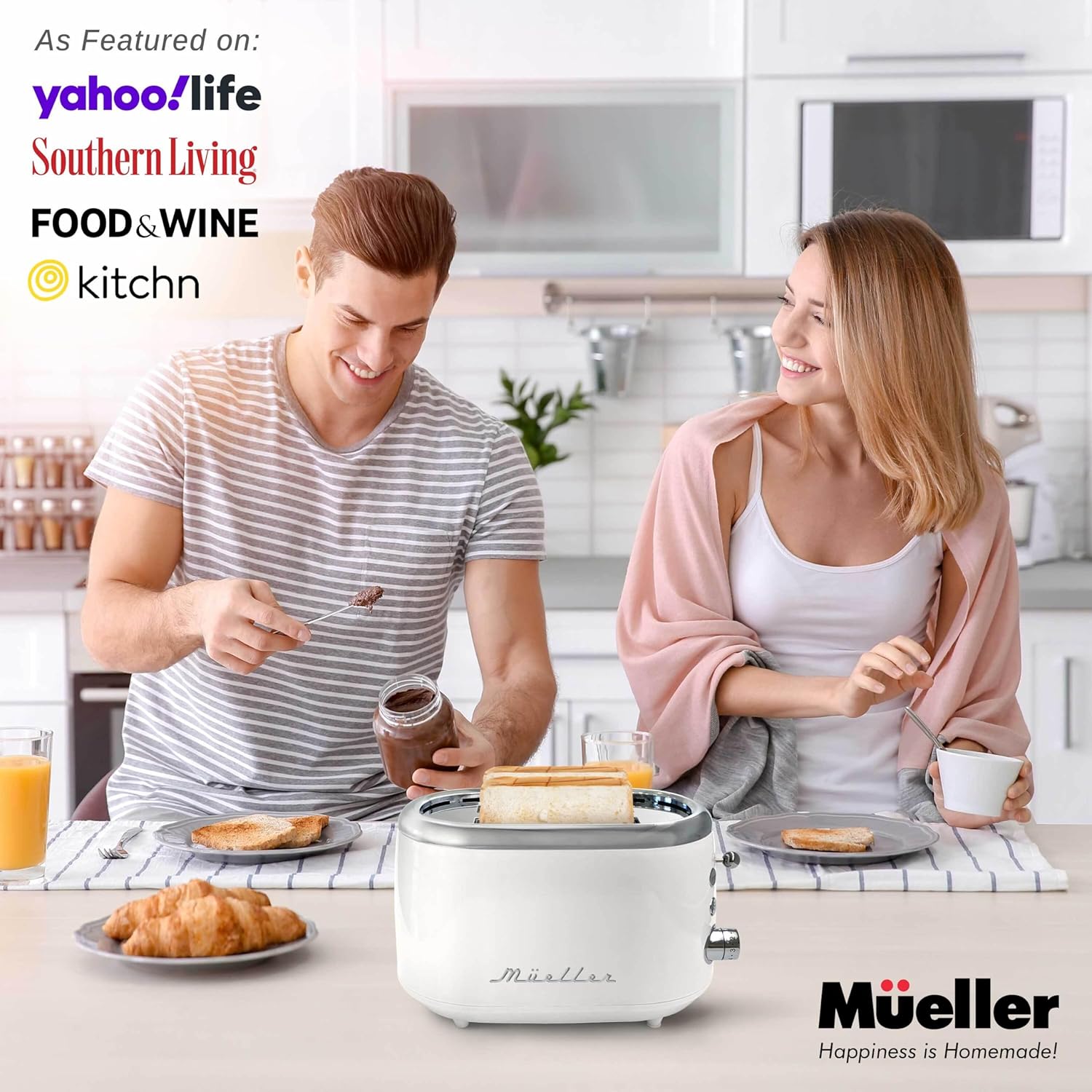 Mueller Retro Toaster 2 Slice with 7 Browning Levels and 3 Functions: Reheat, Defrost & Cancel, Stainless Steel Features, Removable Crumb Tray, Under Base Cord Storage, White - Image 8