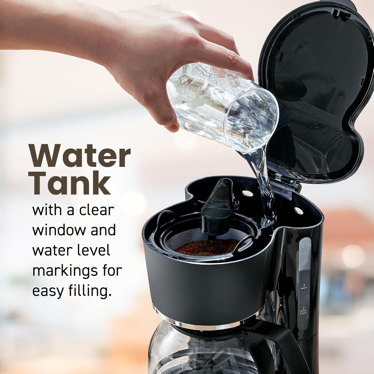 Elite Gourmet EHC-5055 Automatic 5-Cup Brew & Drip Coffee Maker with Pause N Serve Reusable Filter, On/Off Switch, Water Level Indicator - Image 4