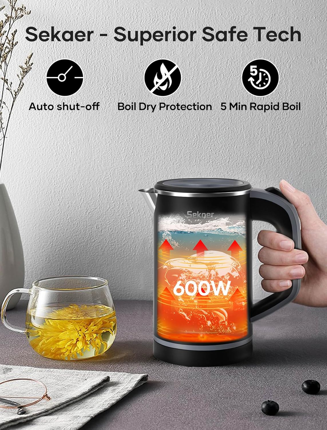 Sekaer Small Electric Tea Kettle Stainless Steel 0.8L Portable Travel Hot Water Boiler, Mini Electric Coffee Kettle with Auto Shut-Off & Boil Dry Protection, Cordless Base & LED Indicator - Image 7