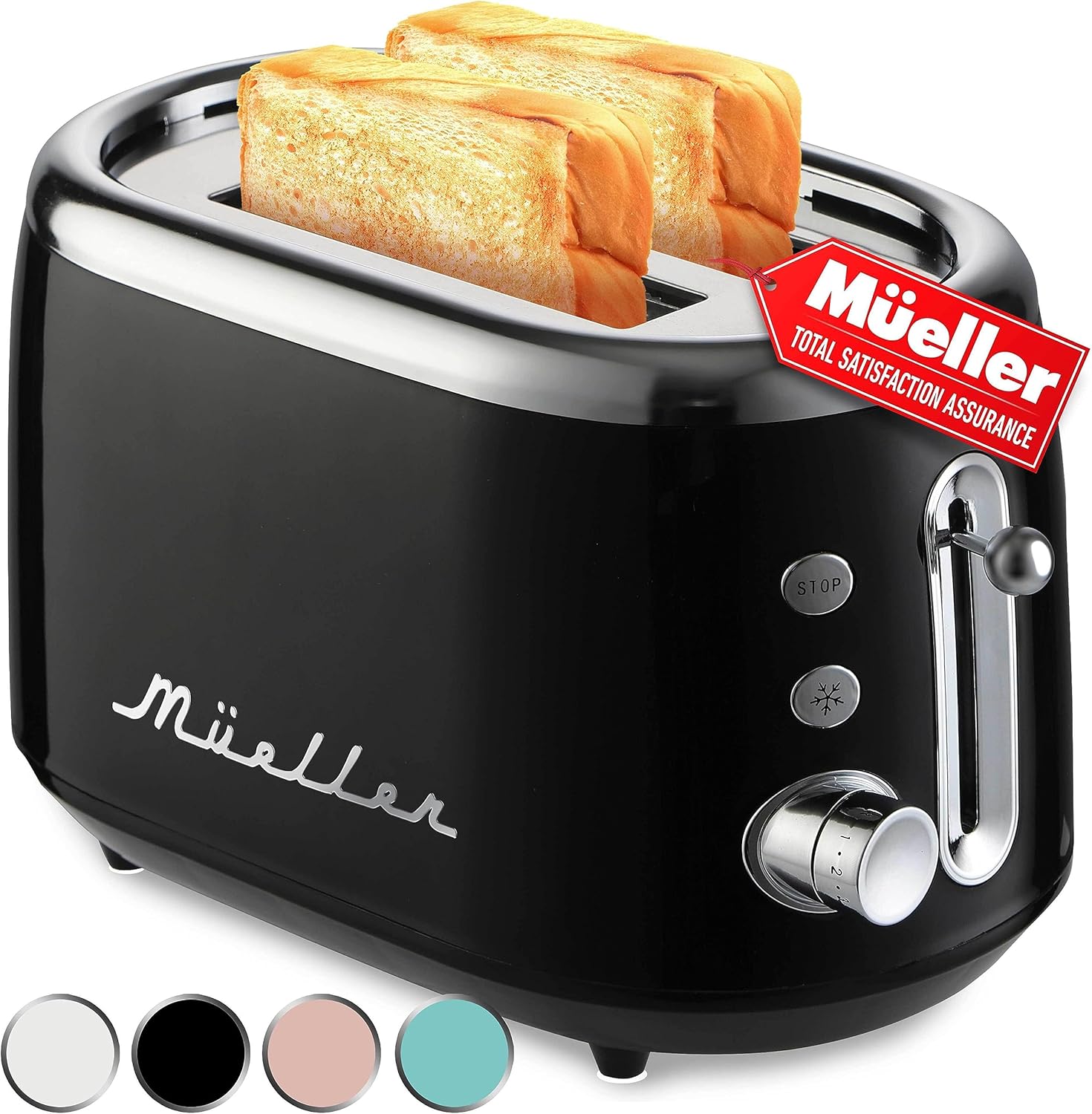 MÜELLERHOME Retro Toaster 2 Slice, 7 Browning Levels, 3 Functions (Reheat, Defrost, Cancel), Stainless Steel Features, Removable Crumb Tray, Under Base Cord Storage, Black - Image 2