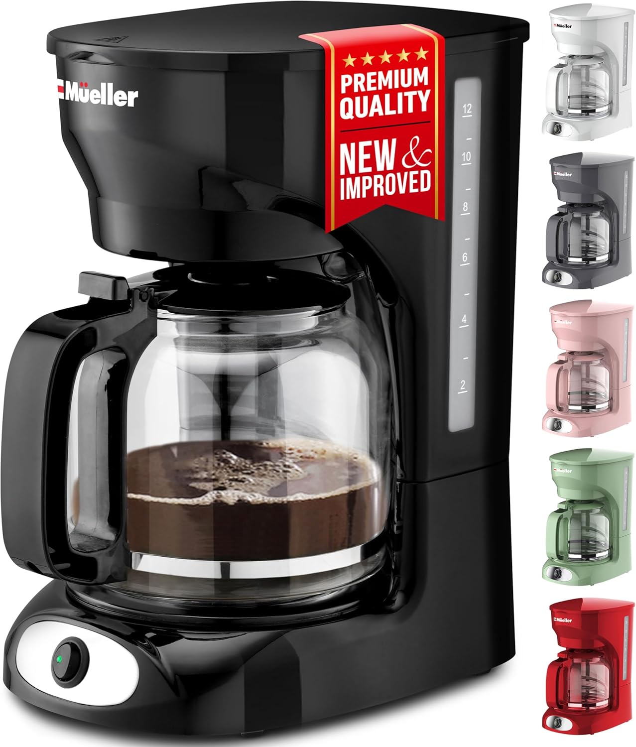 Mueller 12-Cup Drip Coffee Maker - Borosilicate Carafe, Auto-Off, Reusable Filter, Anti-Drip, Keep-Warm Function, Clear Water Level Window Coffee Machine, Ideal for Home or Office - Image 2