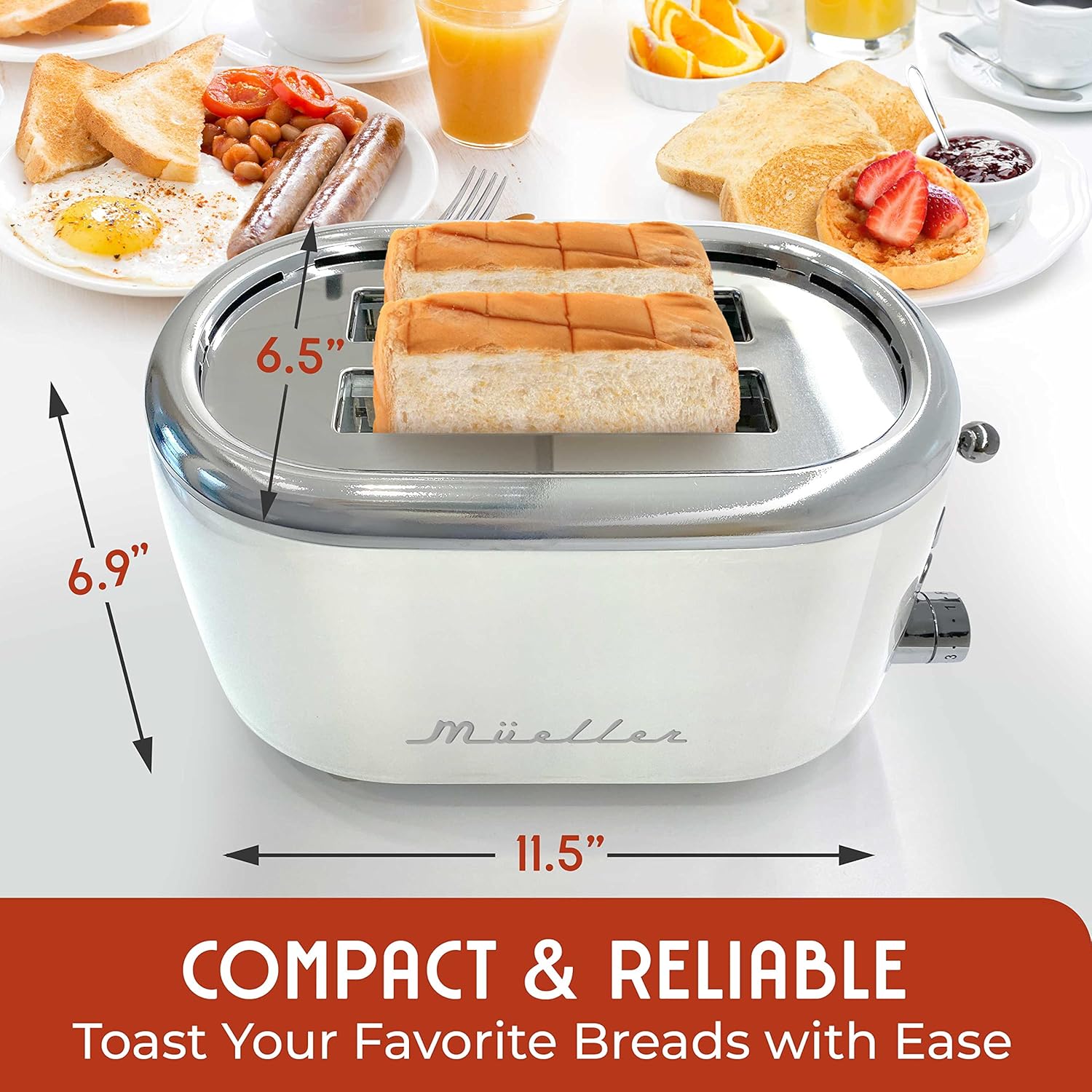 Mueller Retro Toaster 2 Slice with 7 Browning Levels and 3 Functions: Reheat, Defrost & Cancel, Stainless Steel Features, Removable Crumb Tray, Under Base Cord Storage, White - Image 4
