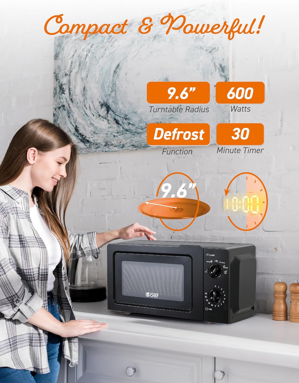 COMMERCIAL CHEF 0.6 Cubic Foot Microwave with 6 Power Levels, Small Microwave with Grip Handle, 700W Countertop Microwave with 30 Minute Timer and Mechanical Dial Controls, Black - Image 5