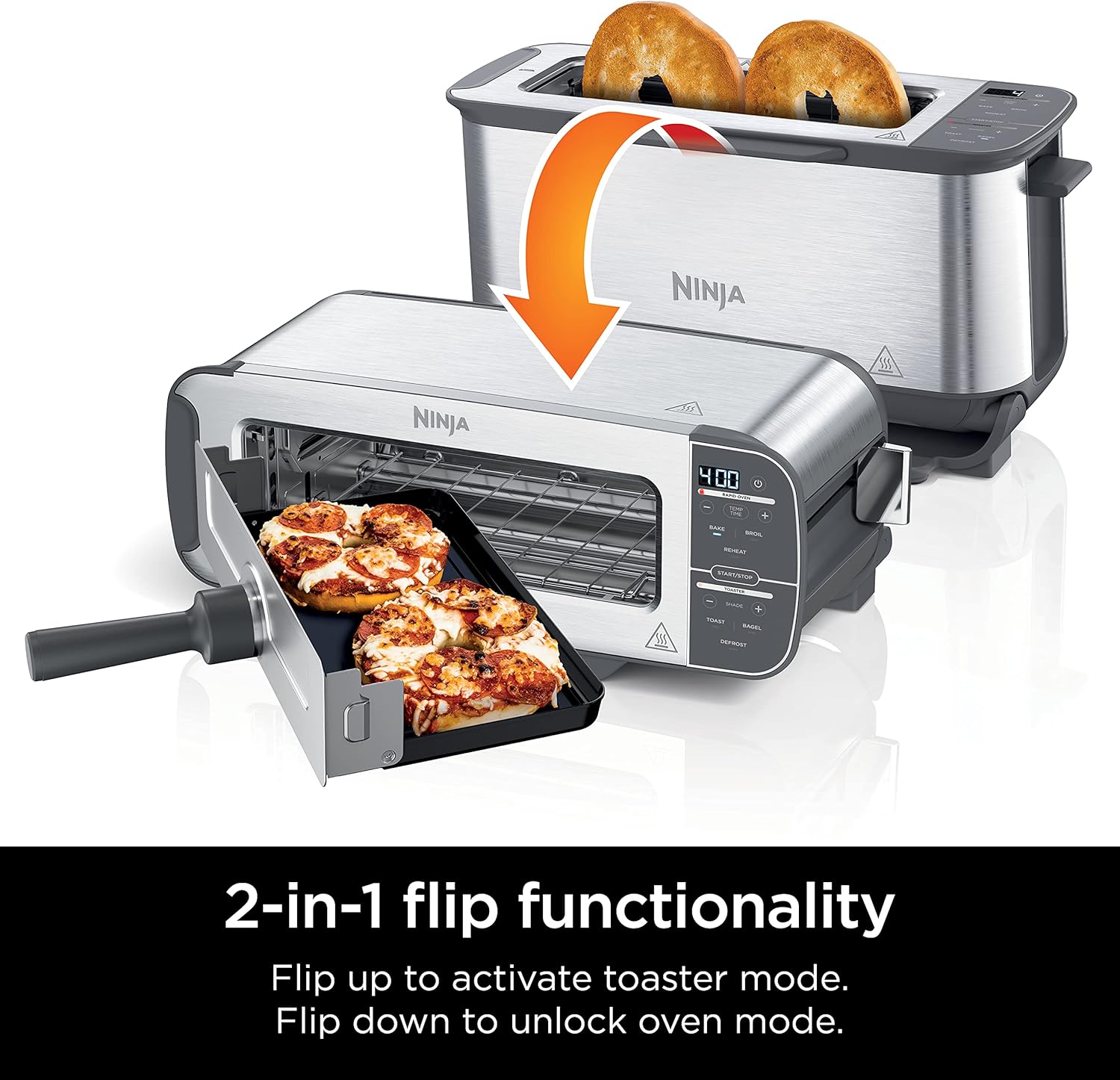 Ninja ST101 Foodi 2-in-1 Flip Toaster, 2-Slice Capacity, Compact Toaster Oven, Snack Maker, Reheat, Defrost, 1500 Watts, Stainless Steel, 6 Functions - Image 3