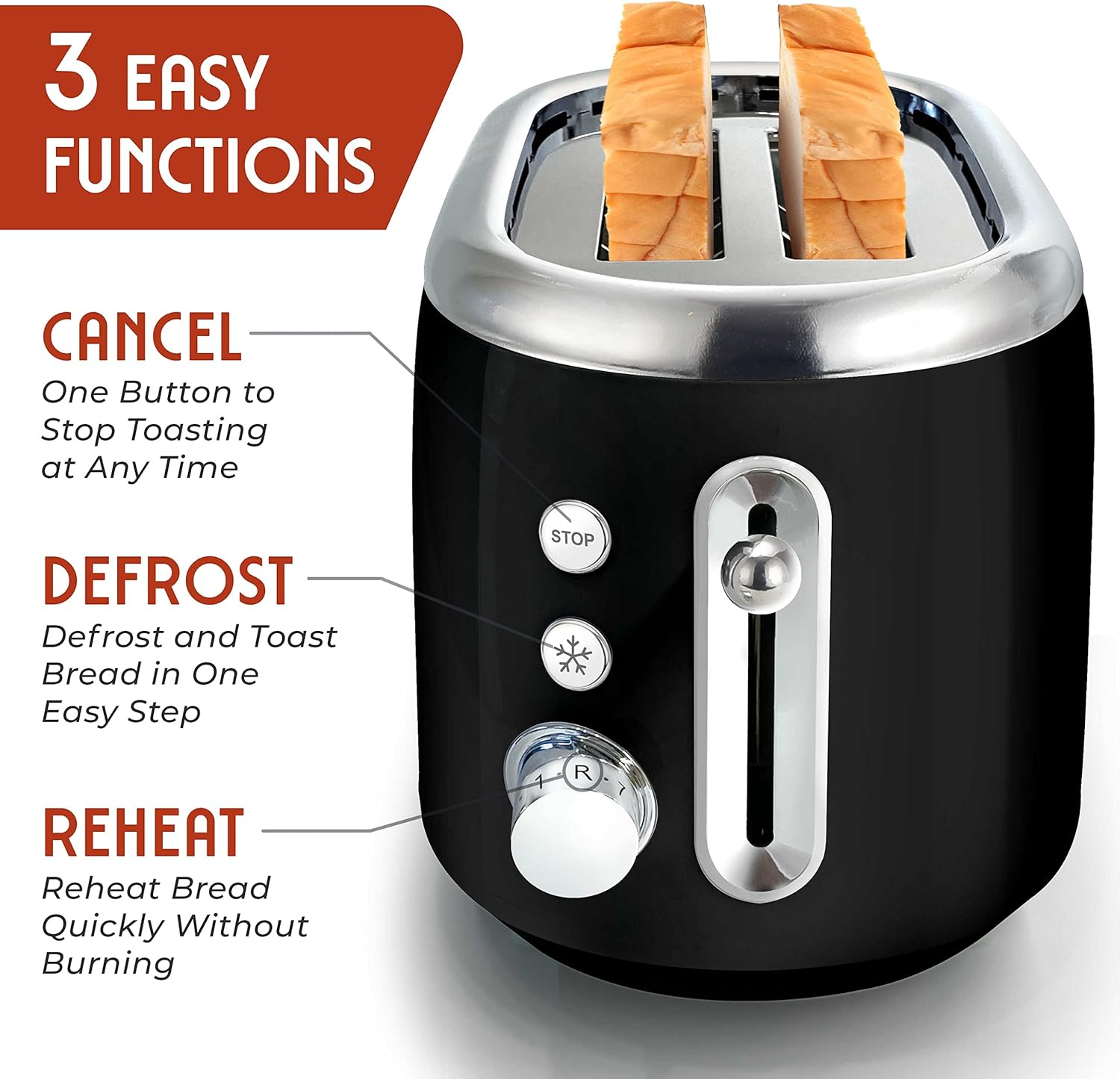 MÜELLERHOME Retro Toaster 2 Slice, 7 Browning Levels, 3 Functions (Reheat, Defrost, Cancel), Stainless Steel Features, Removable Crumb Tray, Under Base Cord Storage, Black - Image 3