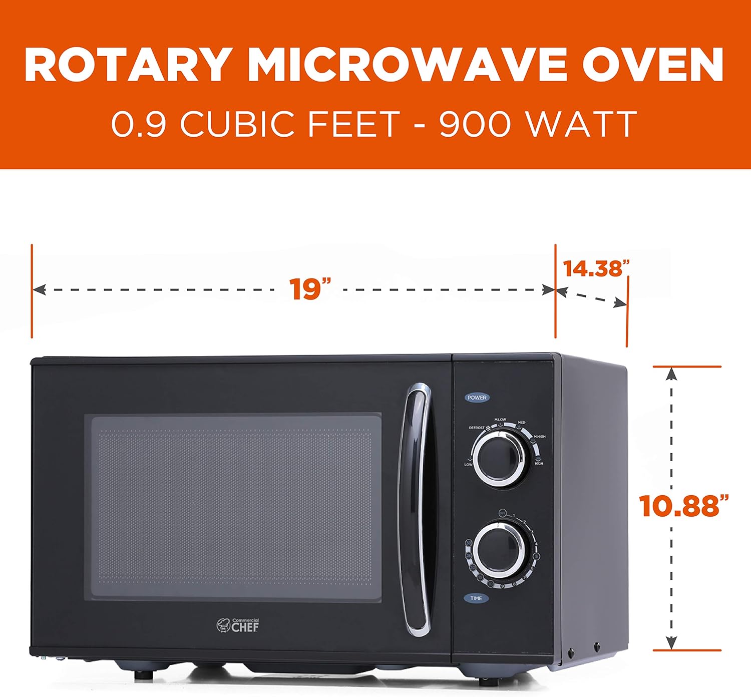 COMMERCIAL CHEF Rotary Dial Microwave with 6 Power Levels, Small Microwave with Pull Handle, 900W Countertop Microwave with Kitchen Timer, Microwave 0.9 Cu Ft with Rotary Dial Controls, Black - Image 3