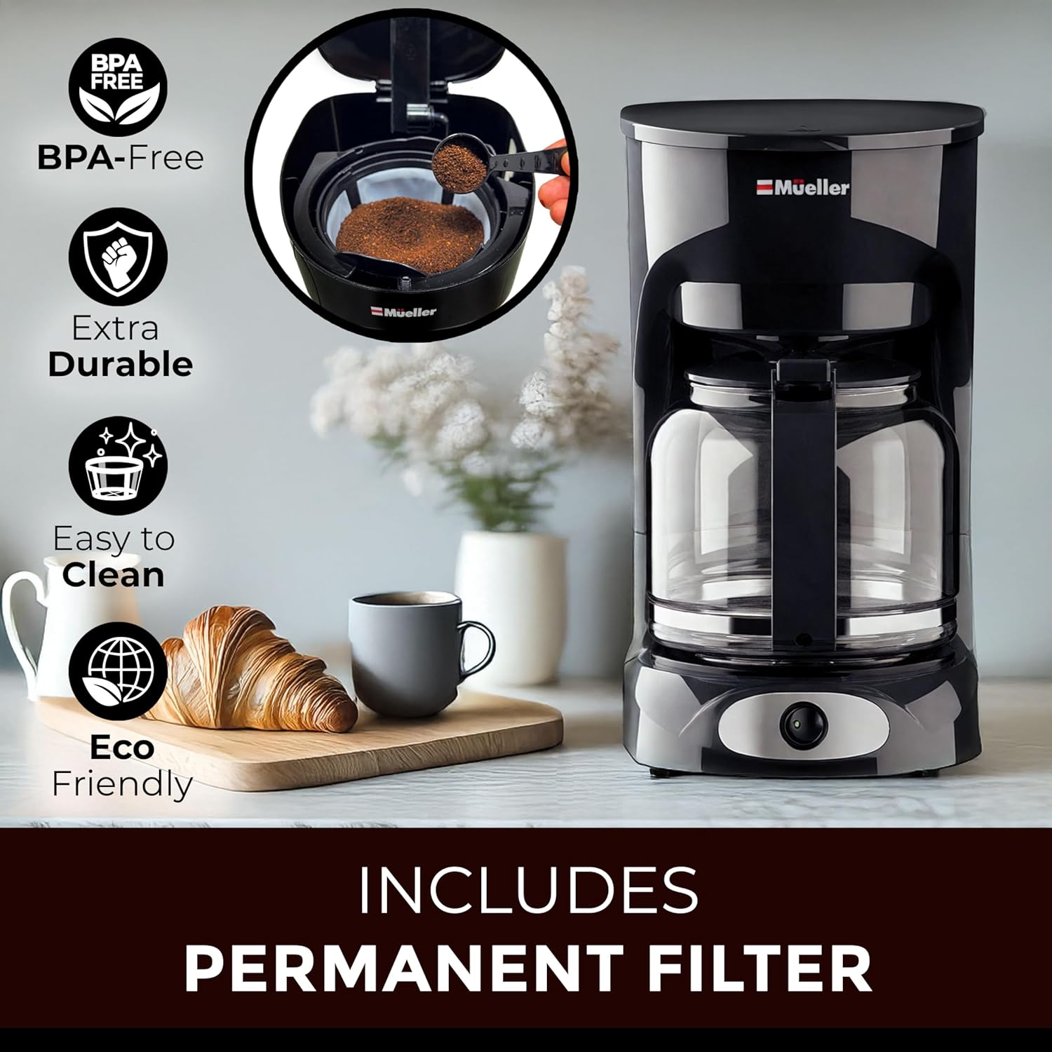 Mueller 12-Cup Drip Coffee Maker - Borosilicate Carafe, Auto-Off, Reusable Filter, Anti-Drip, Keep-Warm Function, Clear Water Level Window Coffee Machine, Ideal for Home or Office - Image 6