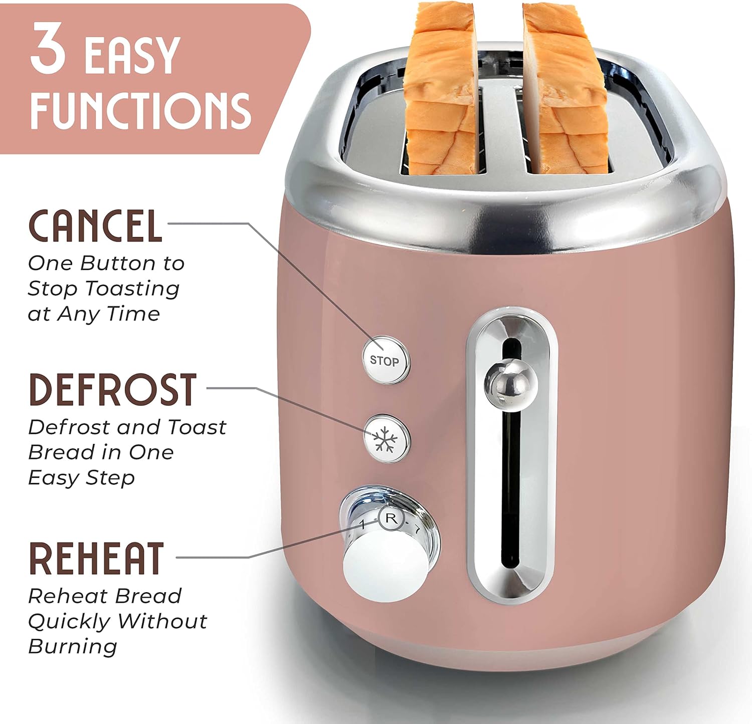 Mueller Retro Toaster 2 Slice with 7 Browning Levels and 3 Functions: Reheat, Defrost & Cancel, Stainless Steel Features, Removable Crumb Tray, Under Base Cord Storage, Pink - Image 3