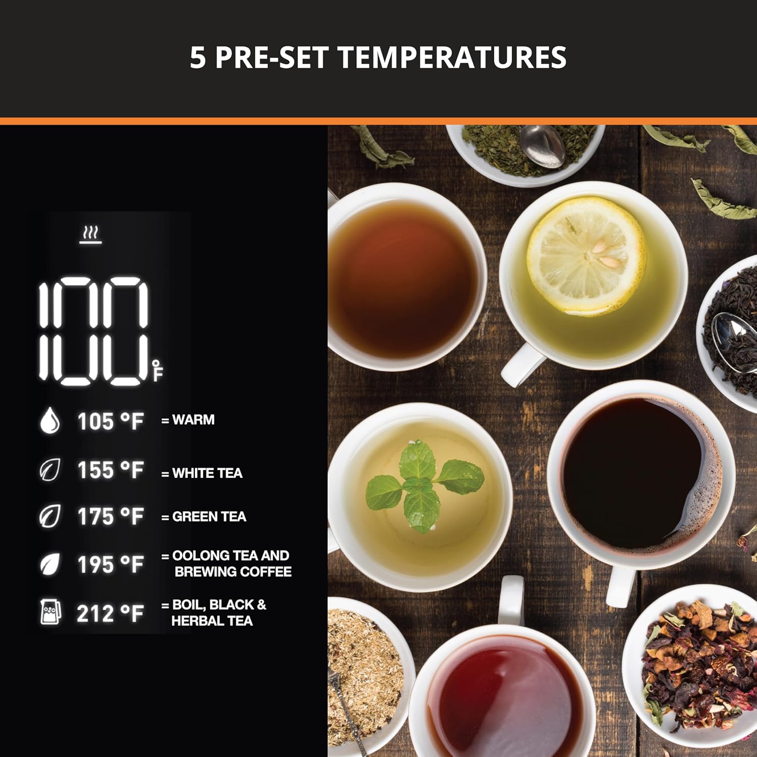 KRUPS: 1.7L Electric Kettle, Smart Temp Plastic and Stainless Steel Electric Kettle, Electric Tea Kettle, Cordless Black Temperature Control Tea Kettle - Image 5